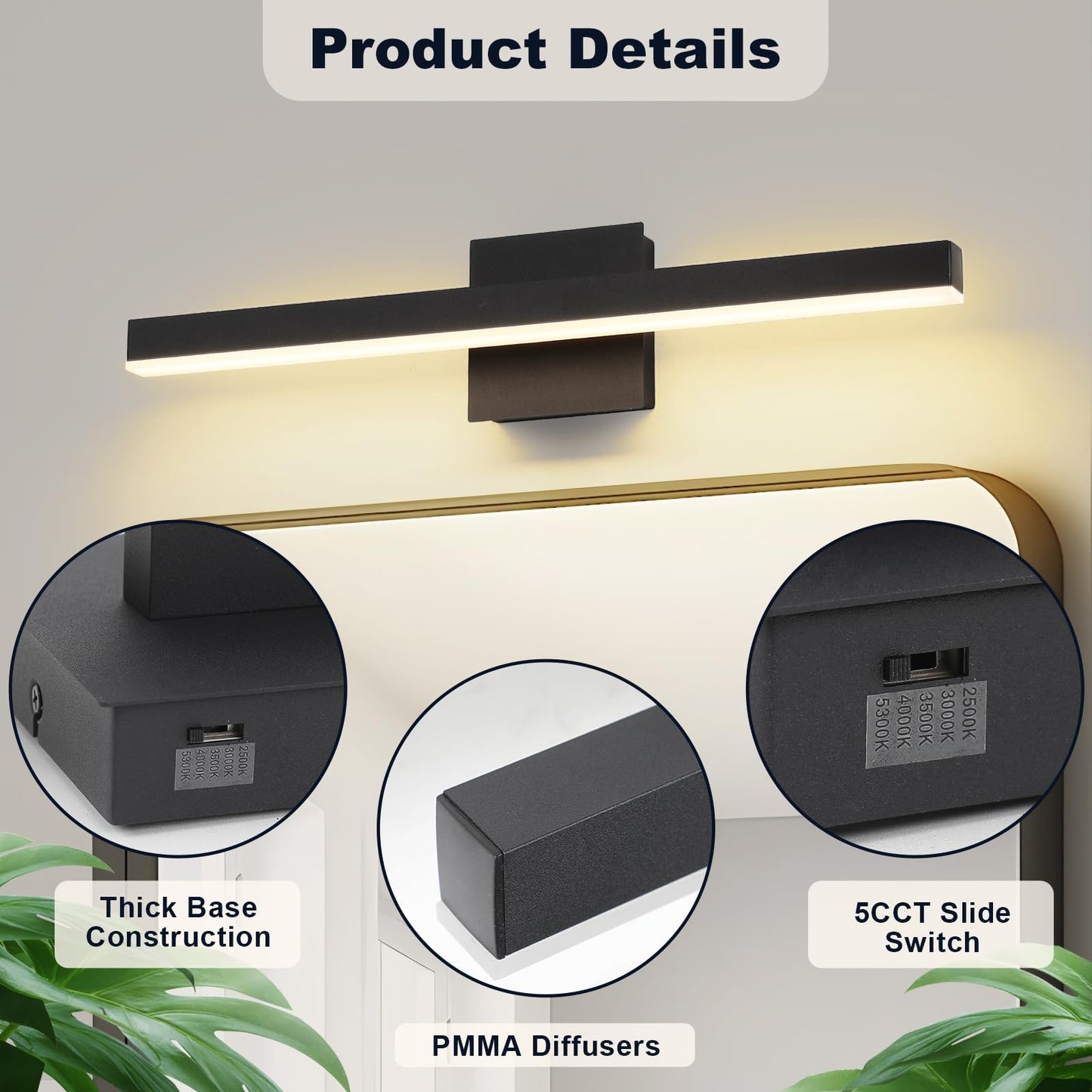 Joossnwell Vanity Light for Bathroom Lighting Fixtures Over Mirror 23.62 Inch Dimmable 5CCT Modern Vanity Lights Black Bathroom Light Bar Bath Wall Sconce ETL Certificated