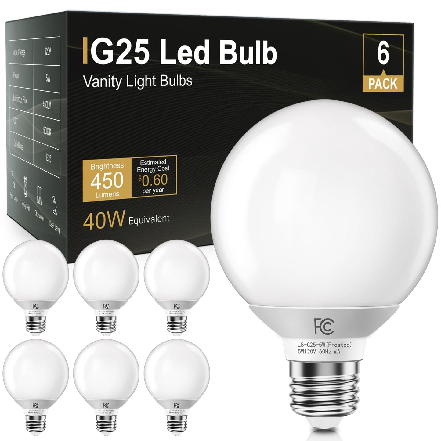 TJOY G25 LED Globe Light Bulbs, Vanity Light Bulb for Bathroom 40W Equivalent, 5000K Daylight White E26 Base, Round Decorative Bulb for Vanity Makeup Mirror, CRI85+, 450LM, Non-Dimmable, UL, 6 Pack