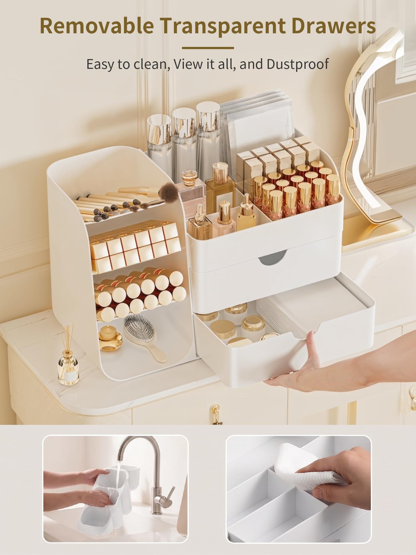 Booklov Makeup Organizer for Vanity, Countertop Cosmetic Display Case with Drawers, Bathroom Counter Beauty Caddy, Comfyroom Table Storage Holder for Skincare, Brush Eyeliner Eyeshadow Lipstick, White