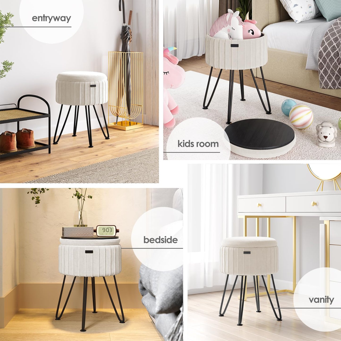 STORAGEBUD Round Ottoman with Storage, Pleated Velvet Storage Ottoman, Foot Stool Ottomans, Makeup Vanity Stool, Small Ottomans Foot Rest, Modern Vanity Stools for Living Room and Bedroom, Cream