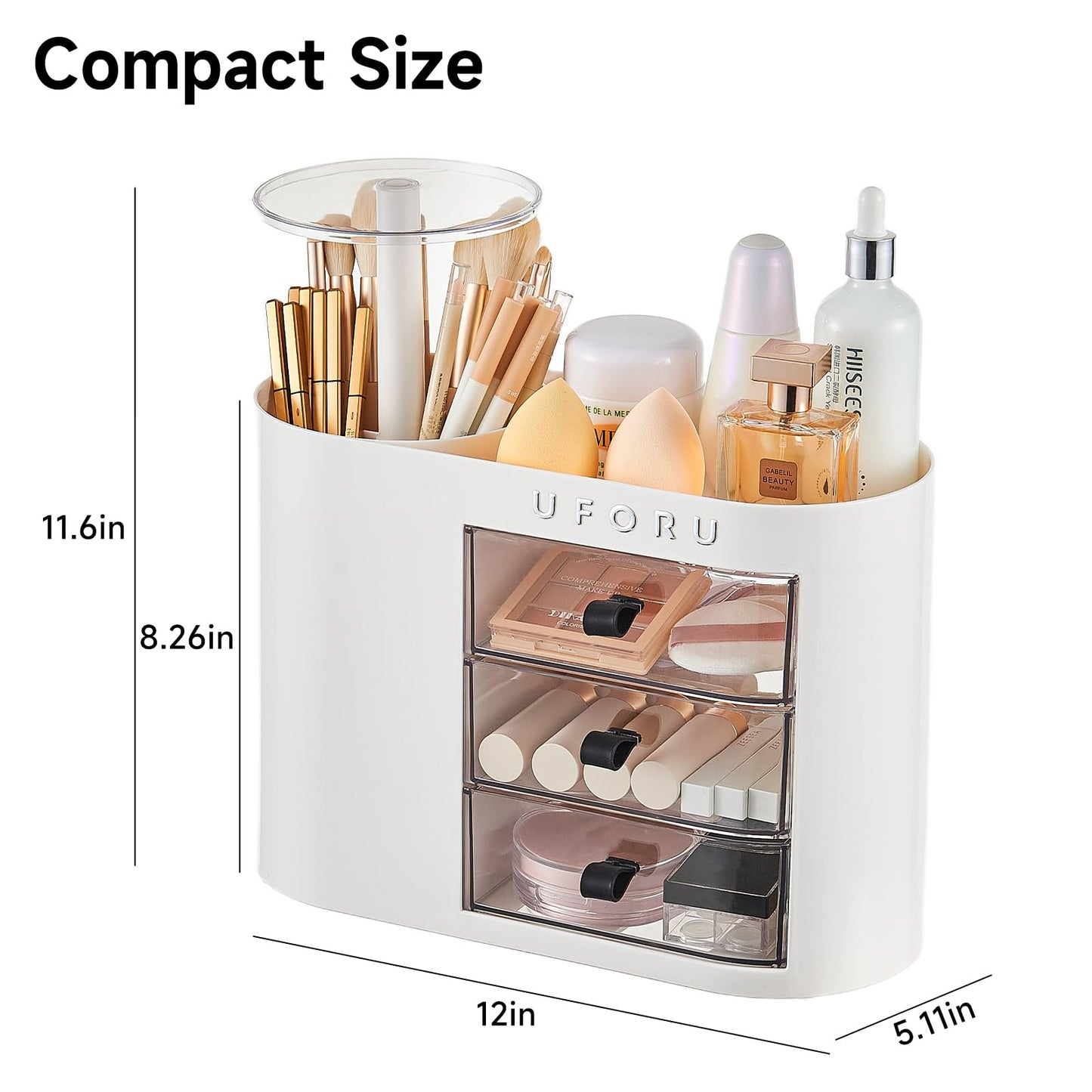 UFORU Makeup Organizer with Pop-Up Brush Holder for Dresser Vanity, Plastic Bathroom Counter Organizer with 3 Drawers & Dust-Proof Cover, Cosmetic Display Case for Lipstick, Skincare, White