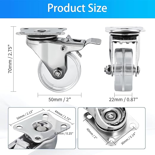 2 Inch Stainless Steel Casters, Crystal Clear Caster Wheels with Double Brake, Rust Resistant Waterproof Outdoor Swivel Castors Set of 4 for Furnitures, Labs, Hospitals, Restaurants