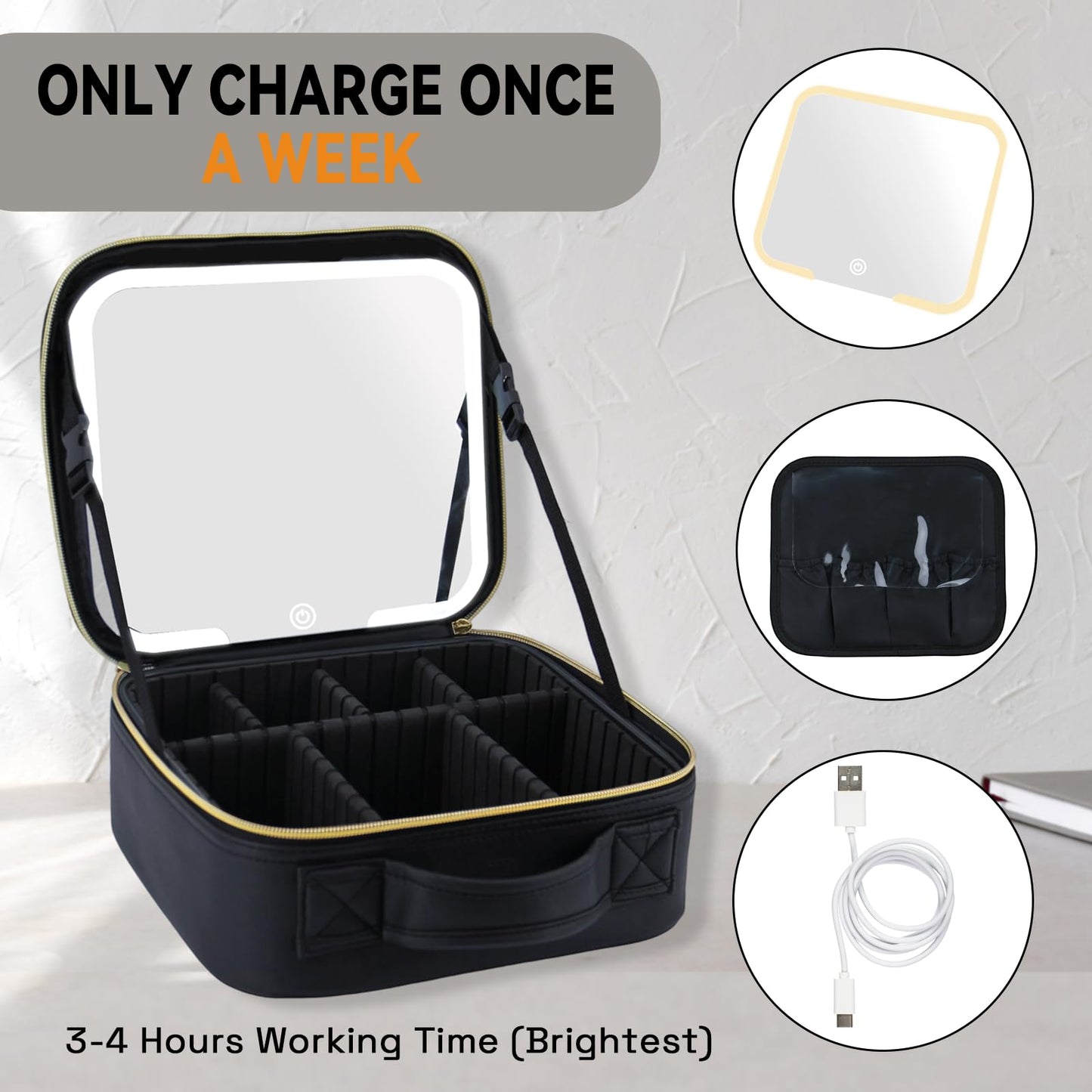 MELSYLODY Makeup Bag with LED Mirror, Three-level Adjustable Brightness, Travel Makeup Case with Removable Lighted Mirror, Adjustable Dividers and Brush Storage Board