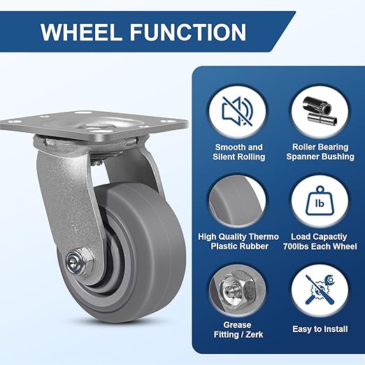 4 Inch Rubber Wheels (Flat Tread)- Heavy Duty Casters, Industrial Caster Wheels- with up to 700 LB Capacity- Use for Dollies, Utility and Maintenance Carts(12 Swivel)