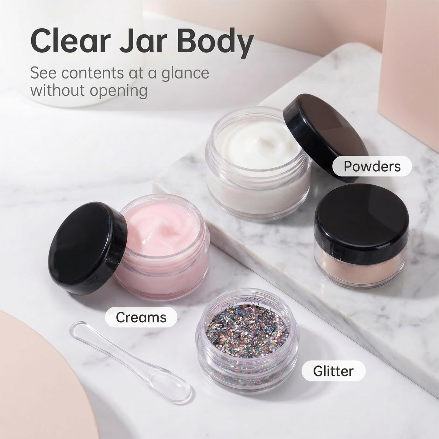 5 Gram Sample Jars with Lids, 100 Count 5ML Empty Cosmetic Containers for Makeup, Travel, Glitter, Lotion, Cream, Beads, with Labels, Mini Spatulas