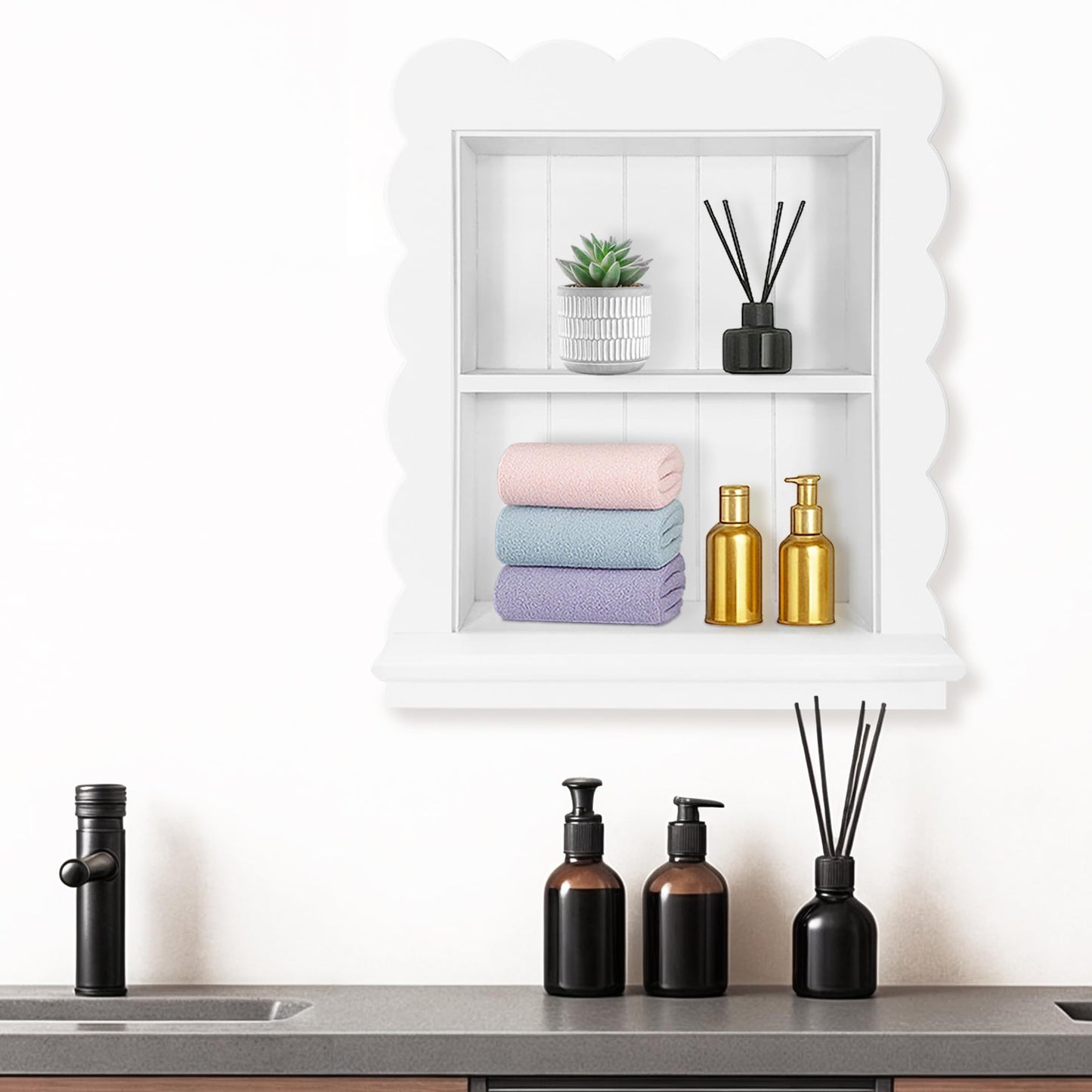 Royxen 14"x18" Recessed Medicine Cabinet, 2-Tier Wooden Bathroom Wall Cabinets Without Mirror,Scalloped Large Medicine Cabinet Niche for Bathroom Storage Organizer,White