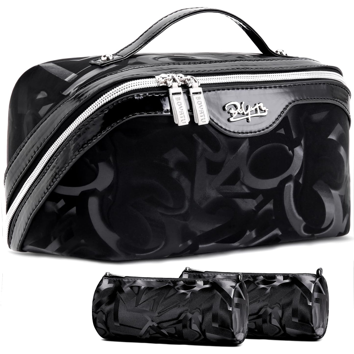 BOYATU Travel Makeup Bag for Women: Y2K Aesthetic Personalized Glossy 3 Pcs Set Cosmetic Organizer Bag - Trendy Statement Toiletry Pouches for Forward Women - Stand Out at Festivals & Trips(D-2-Black)