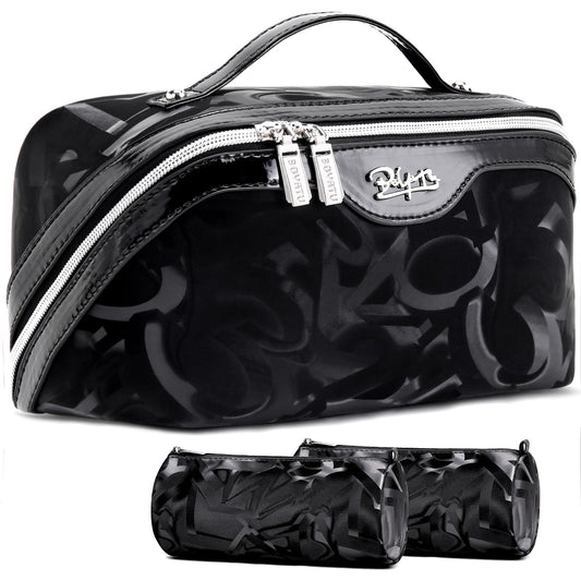 BOYATU Travel Makeup Bag for Women: Y2K Aesthetic Personalized Glossy 3 Pcs Set Cosmetic Organizer Bag - Trendy Statement Toiletry Pouches for Forward Women - Stand Out at Festivals & Trips(D-2-Black)