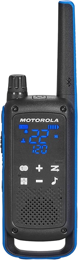 Motorola Solutions Talkabout Portable FRS T802 Two Way Radio 4 Pack Walkie Talkies Blue/Black 22 Channels 2 Dual Charger Docks 4 PTT Earpieces