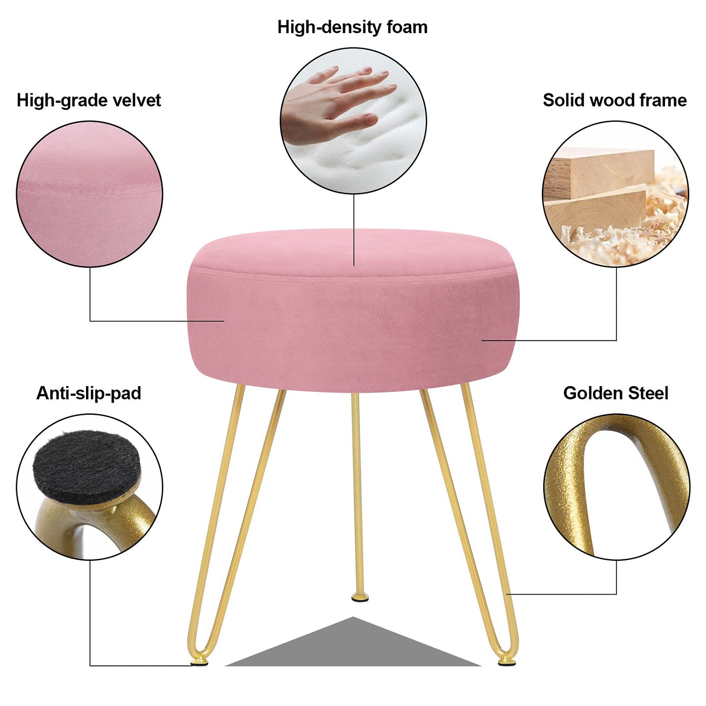 GERANT Multifunctional Vanity Stools - Velvet Round Ottoman Modern Dressing Stool -Upholstered Footrest Stool - Side Table Footstool with Golden Metal Leg for Living Room, Bedroom (Pink)