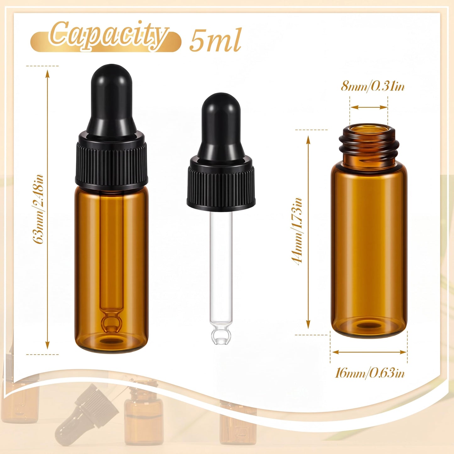 Didaey 200 Pcs 5 ml Mini Glass Oil Dropper Bottle Bulk, Clear Essential Small Empty Bottles Sample Containers Perfume Liquid Vials with Cap for Traveling (Amber)
