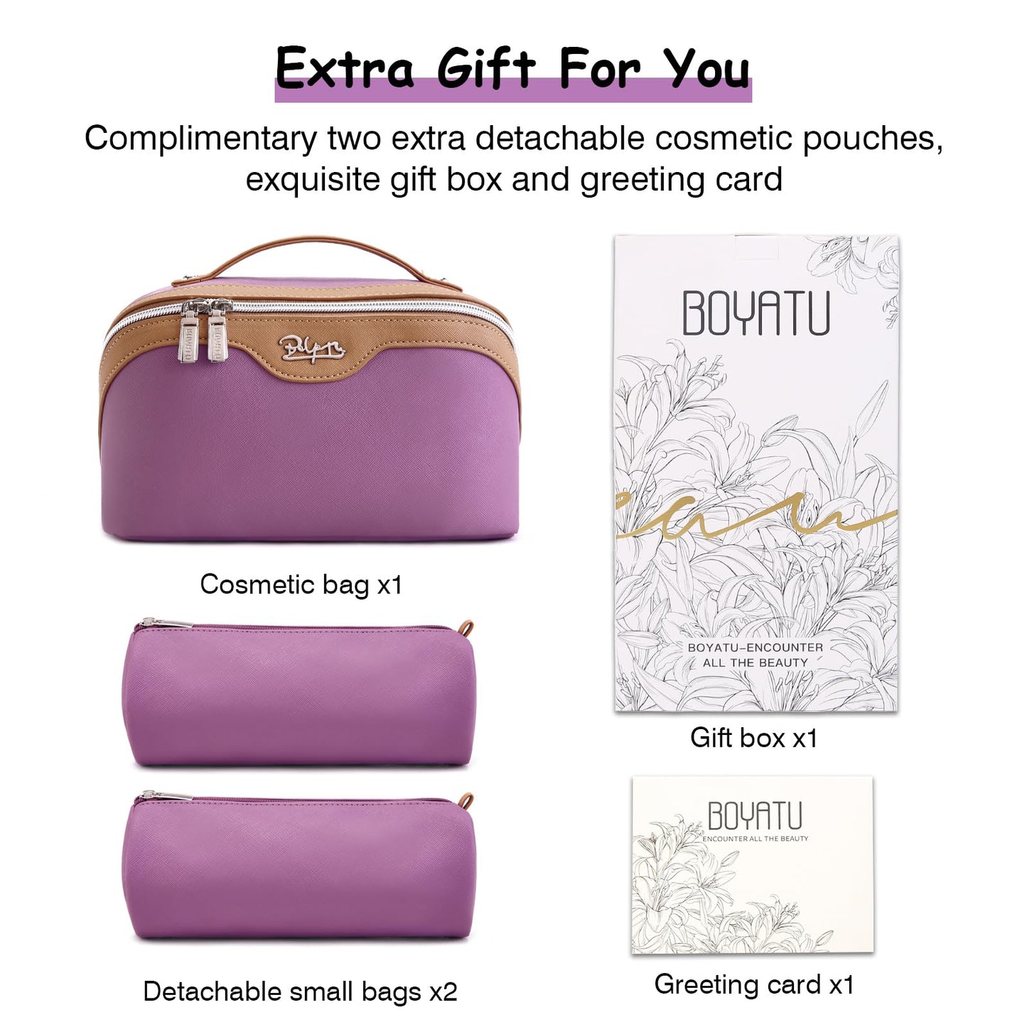BOYATU Travel Makeup Bag Organizer Cosmetic Bag: 3 Pcs Set Make up Bags for Women with Handle - Waterproof Vegan Leather Toiletry Bags Travel Essentials Pouch with Compartments (A-05-Purple)