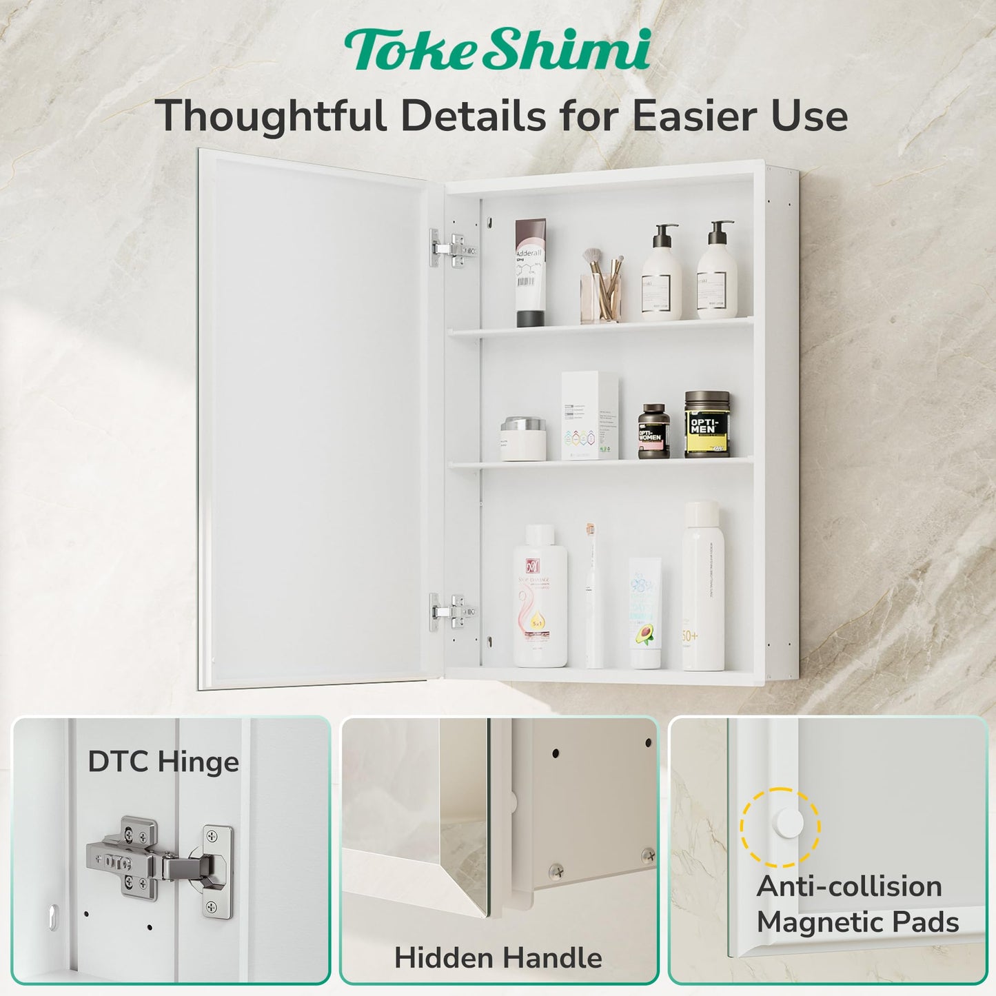 TokeShimi 14 x 24 Medicine Cabinet with Mirror, Assembly Required, White Recessed Bathroom Medicine Cabinet with Tempered Beveled Mirror, Stepless Adjustable Shelves, DTC Hinge