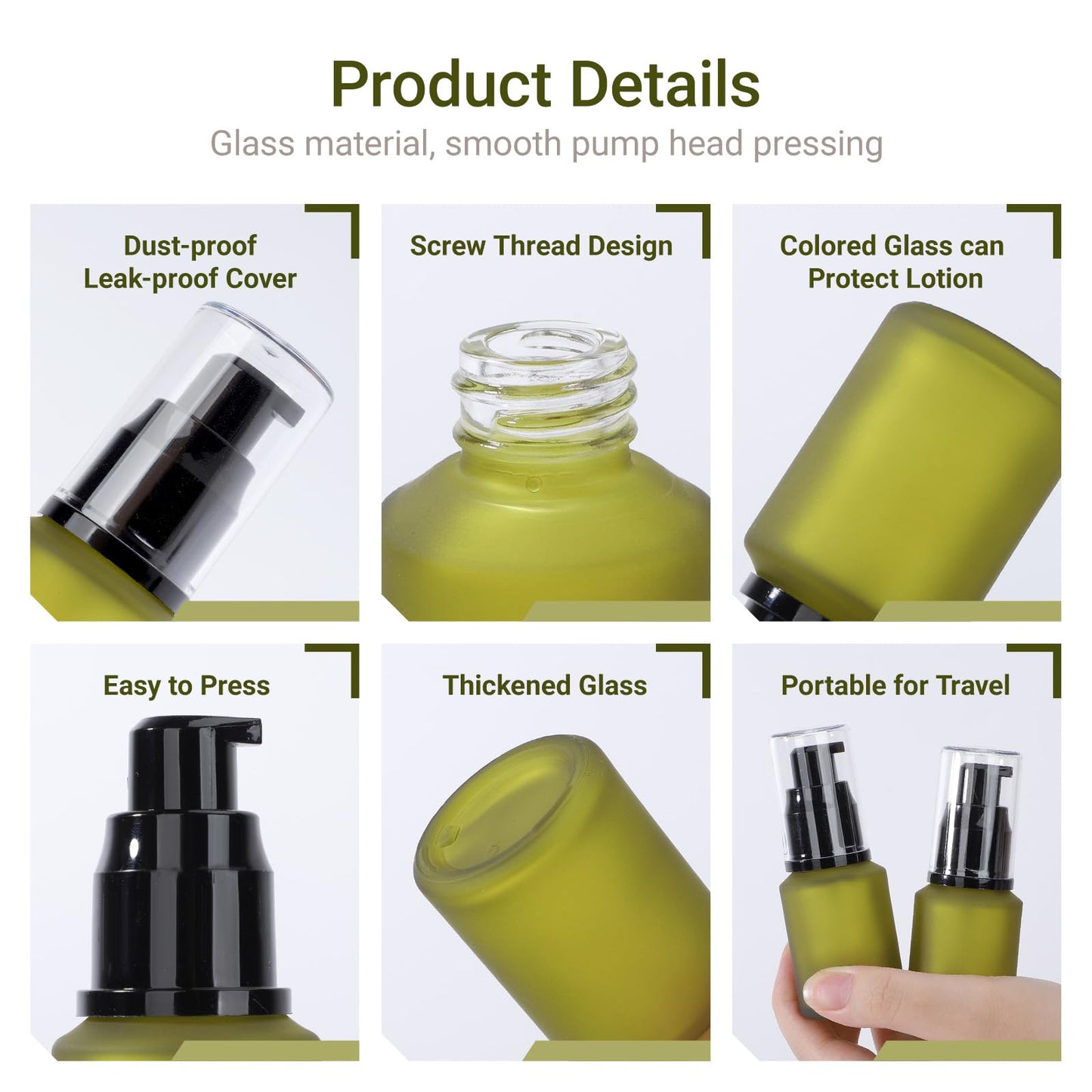 Segbeauty 1oz Frosted Glass Empty Travel Size Bottles for Creams, 3pcs Refillable Lotion Pump Bottle Dispenser, 30ml Liquid Travel Containers, Green Mini Lotion Container Foundation Pump Dispensers
