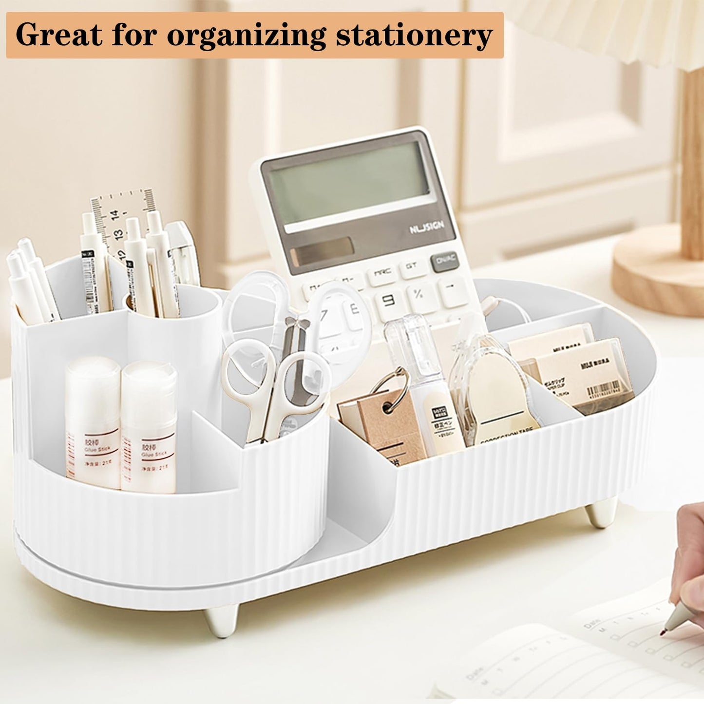 Rotating Vanity Organizer with Brush Holder, Large Spinning Makeup Skincare & Cosmetic Organizer, Countertop Perfume & Lotions Display Case (White)