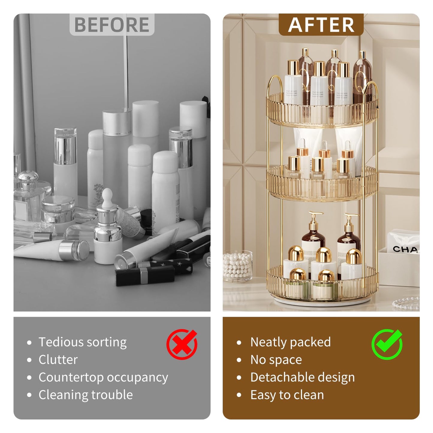 SiiMMM 360° Rotating Makeup Organizer for Vanity - 3 Tier Perfume Organizer with Large Capacity - Skincare Organizer for Bathroom Counter - Space-Saving Cosmetic Storage for Dresser Countertop (Gold)