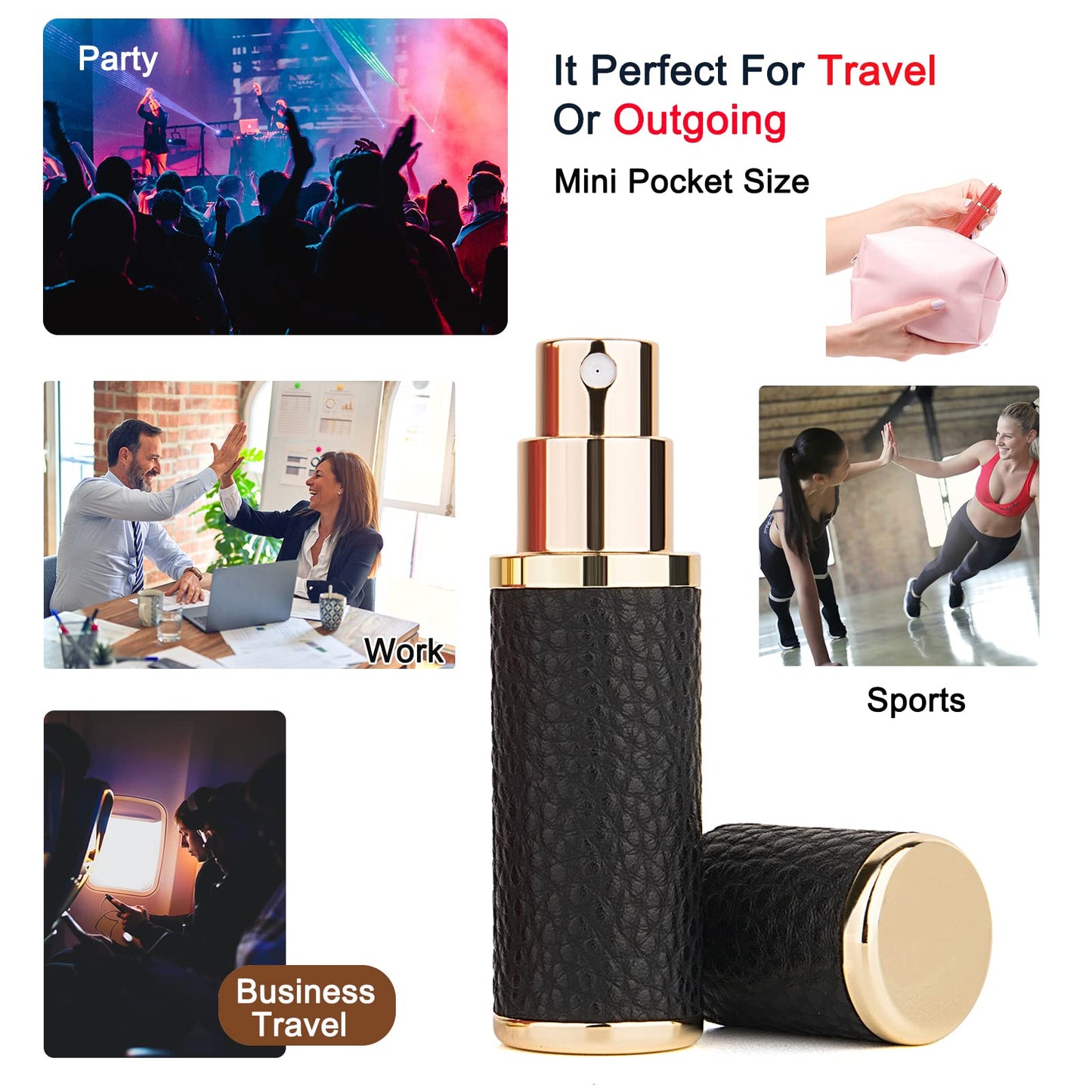 Sinyutia 2Pcs Perfume Atomizer Bottle (5ML),Mini Refillable Empty Cologne Spray Bottle With Luxury Leather Case,for Travel Out Side Work Women and Men (Black+Red)