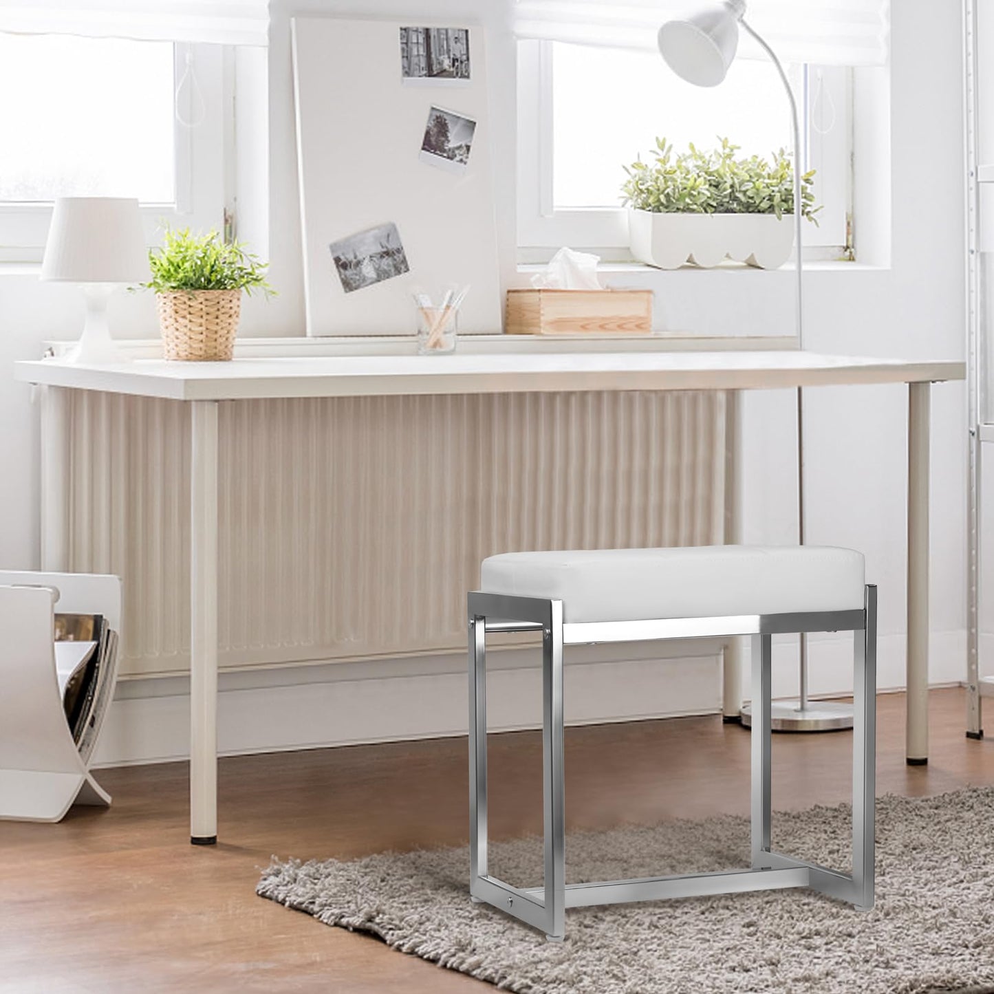 FLYZC Vanity Stool Chair, Modern PU Leather Ottoman Foot Rest for Vanity Bench with Silver Metal Legs, Multifunctional Chairs for Makeup, Bedroom, Living Room, Small Makeup Stools White&Silver