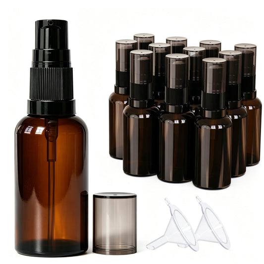 Jagolain 1oz 12pack Empty Refillable Glass Pump Bottle, 30ml Amber Lotion Cream Essential Oil Shampoo Dispenser Travel Cosmetic Small Container (30ml amber 12pcs)