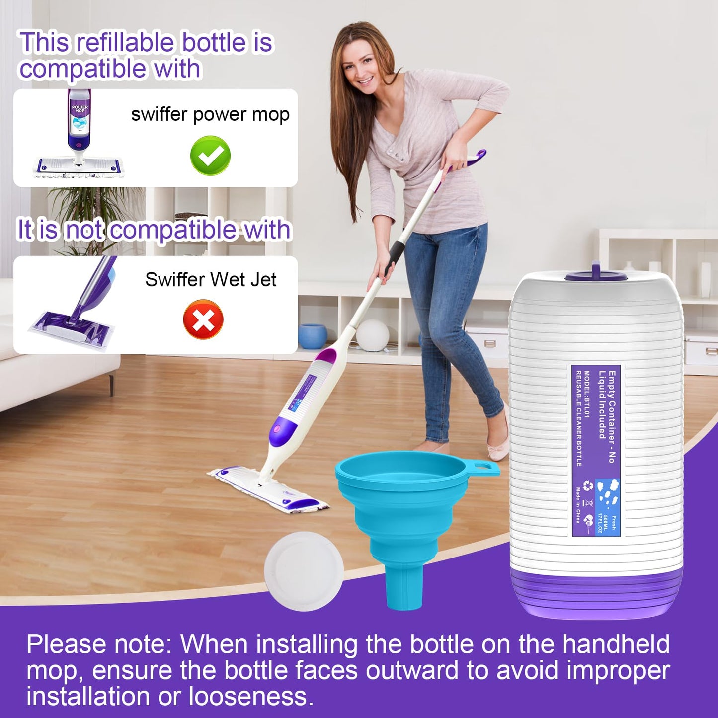 COOMYXIN Refillable Bottle for Swiffer® Power Mop™, 500ML / 17 FL.OZ Reusable Solution Container, with 6 Leak-Proof Seal & 1 Funnel,Simple Installation, Works with Any Cleaner