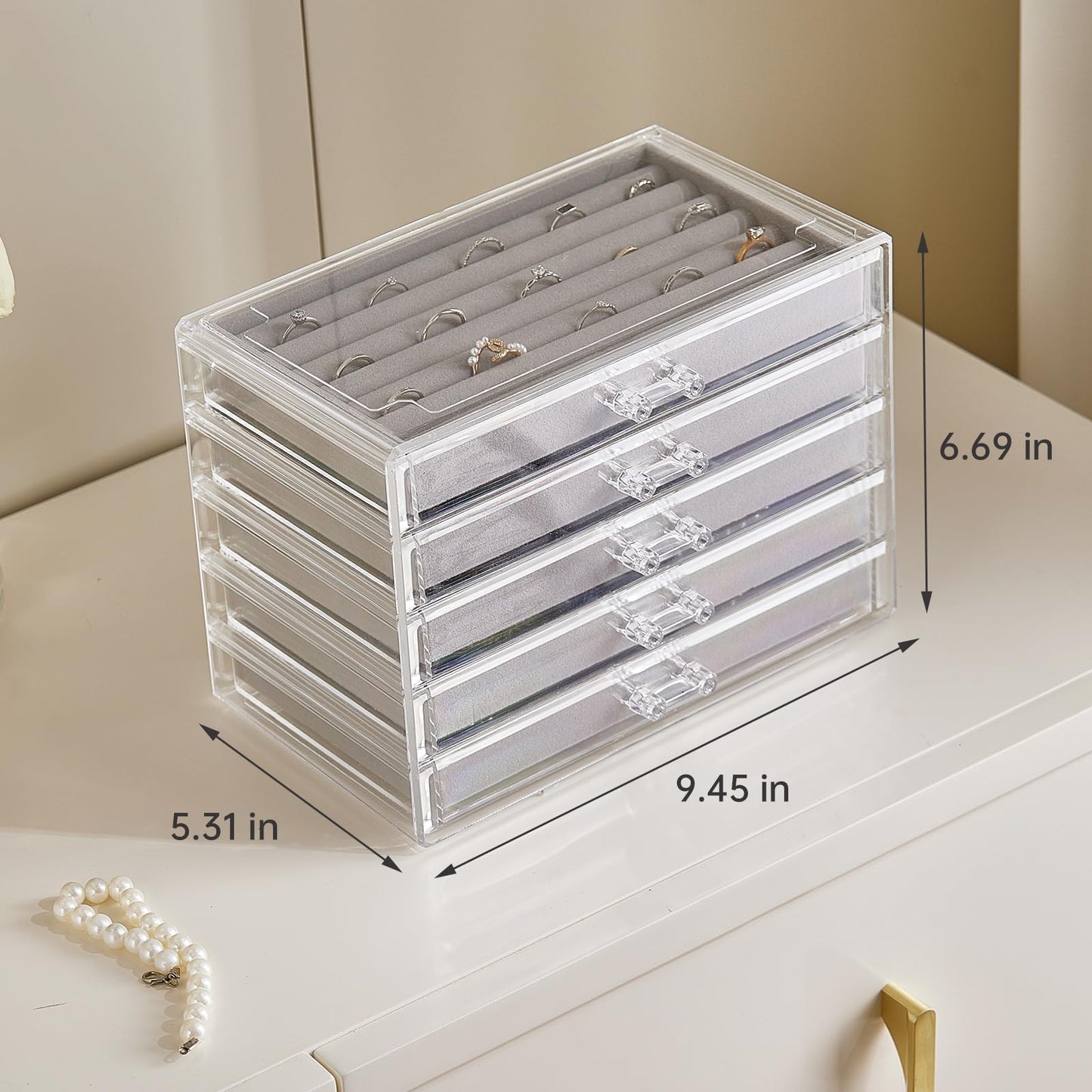 XRXYX Acrylic Jewelry Box with 5 Drawers, Clear Earring Holder Organizer Rings Display Case with Adjustable Velvet Trays for Women Girls, Grey