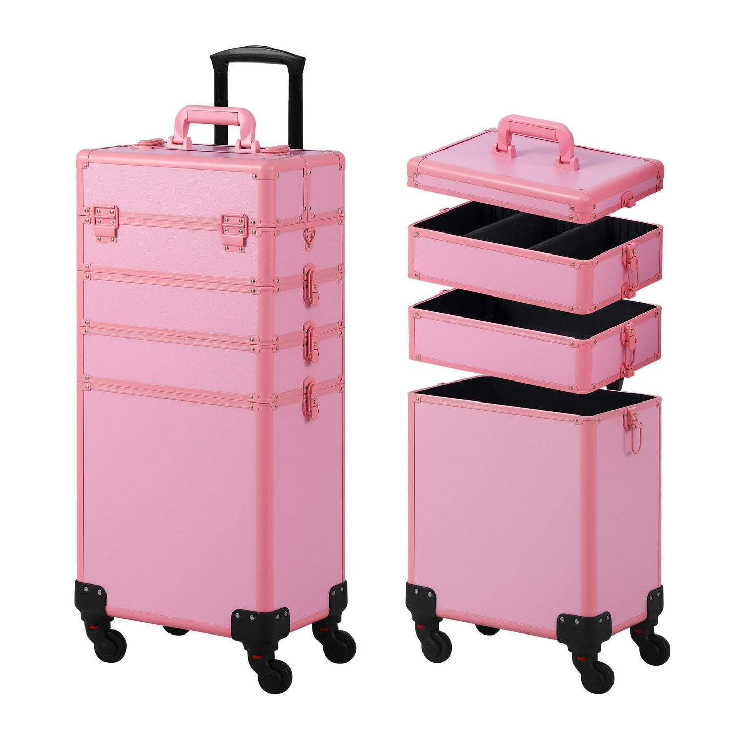 Somduy Makeup Train Case, Rolling Makeup Case with Lid, 5 in 1 Cosmetology Case on Wheels, Christmas Gift, Large Makeup Case Organizers, Profesional Cosmetic Case for Salon Barber, Pink