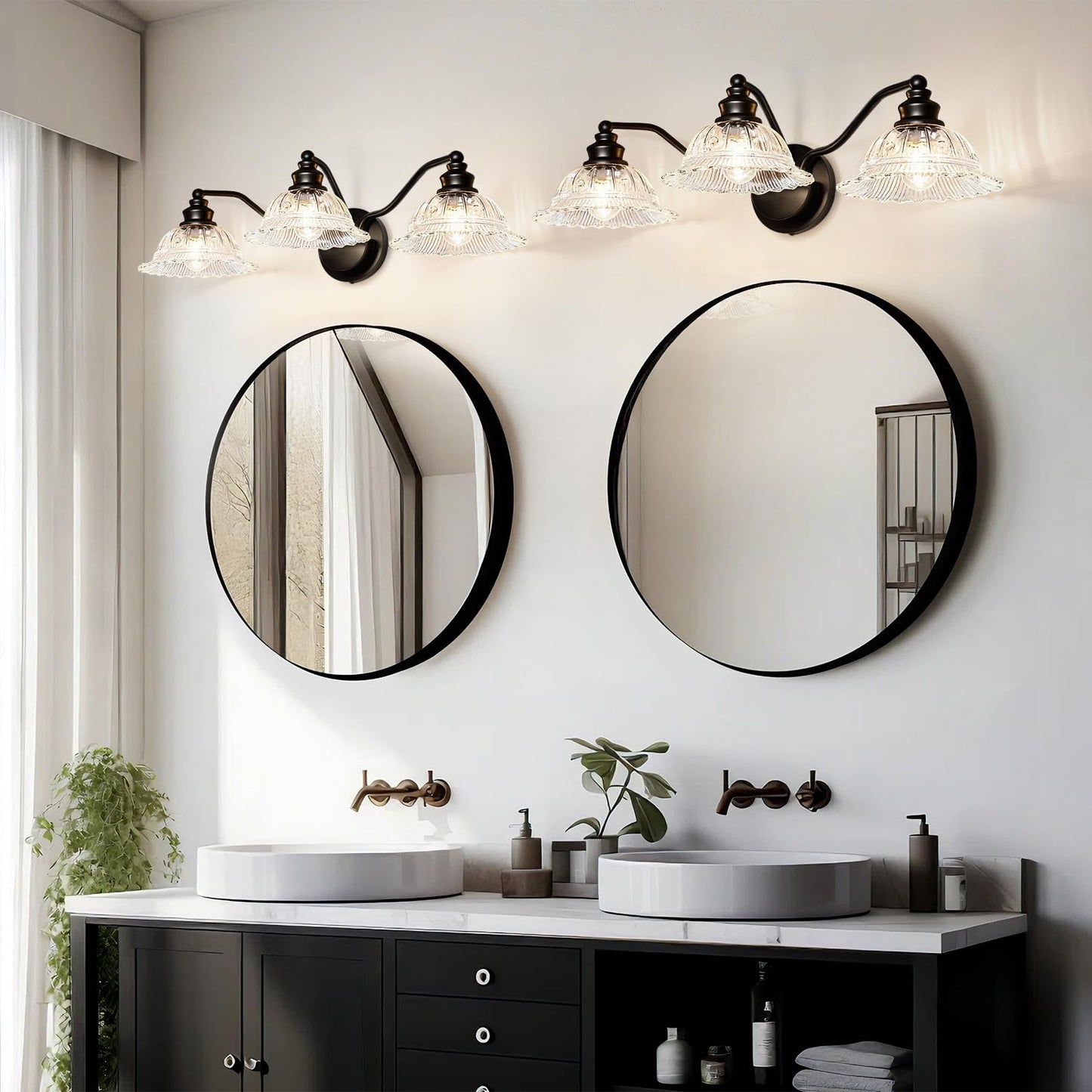 Redluck Vintage Bathroom Vanity Light Fixture, 3-Light Bathroom Lighting Fixtures Over Mirror, Matte Black Finish with Crystal Glass Shade, Wall Sconces Lighting for Bedroom, Living Room, Hallway