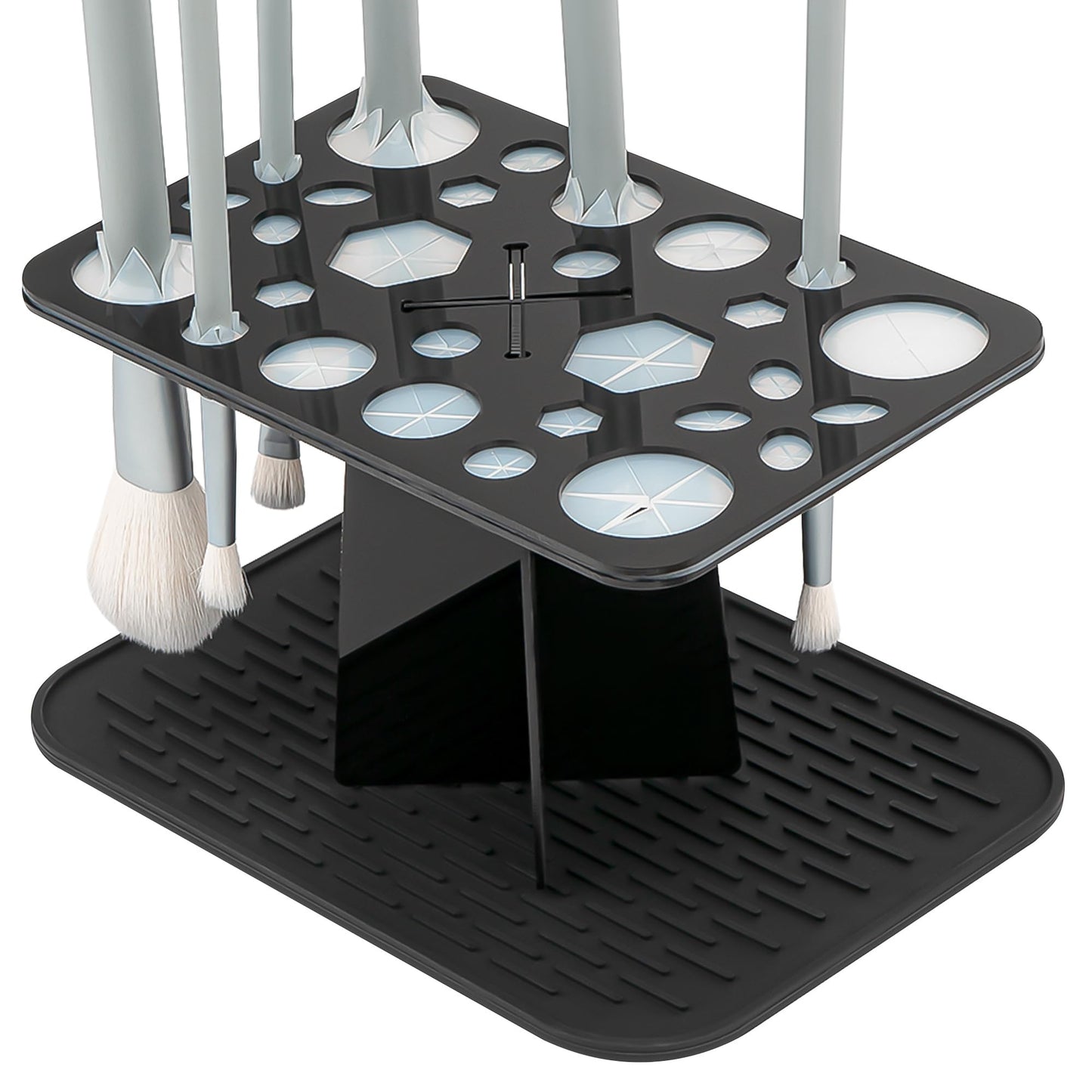 SHIDOW 28-Hole Makeup Brush Drying Rack with Silicone Drip Mat, Acrylic Upside-Down Brush Holder Organizer Stand, 1-Pack, Black