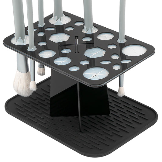 SHIDOW 28-Hole Makeup Brush Drying Rack with Silicone Drip Mat, Acrylic Upside-Down Brush Holder Organizer Stand, 1-Pack, Black