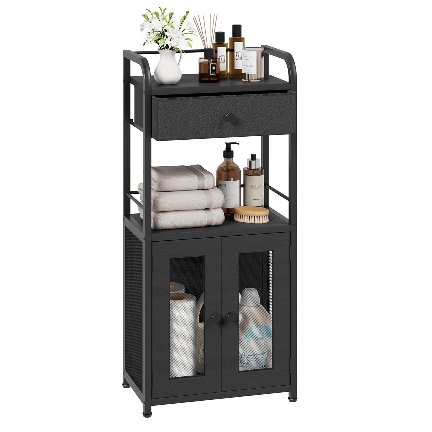 SWTYMIKI 14.57"x32.28" Bathroom Storage Cabinet – Freestanding Toilet Paper Storage with Doors & Drawer, Bathroom Organizers and Storage for Small Spaces, Laundry Room, Ideal for Towels, Black