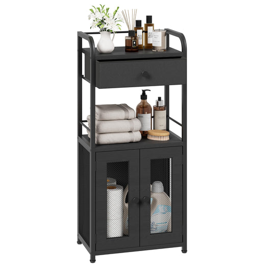 SWTYMIKI 14.57"x32.28" Bathroom Storage Cabinet – Freestanding Toilet Paper Storage with Doors & Drawer, Bathroom Organizers and Storage for Small Spaces, Laundry Room, Ideal for Towels, Black