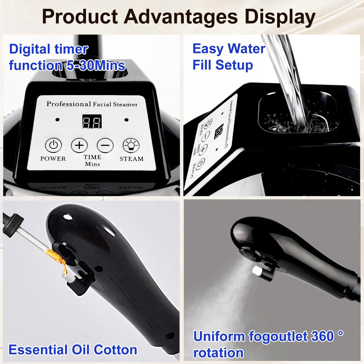 Professional Facial Steamer for Deep Hydration,Ozone Face Steamer with More Steam,Estheticians Steamer on Wheels with Time Setting,Adjustable Height Suitable for Beauty, Spa and Home Use