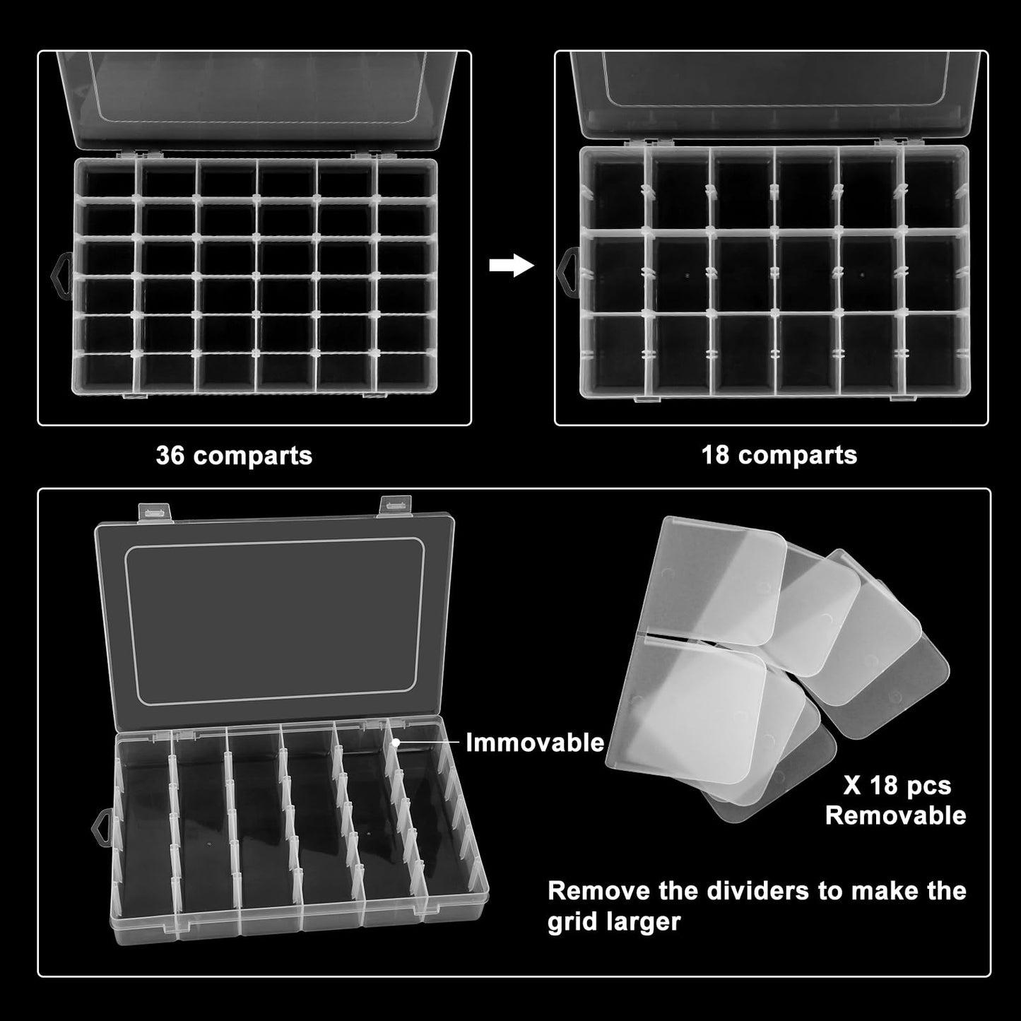 Sopoloray 4 Pack 36 Grid Bead Organizer Box with Removable Dividers, Clear Plastic Organizer Box, Craft Storage Containers for Beads, Jewelry, Fishing Tackle, Thread, Screws, DIY Small Parts