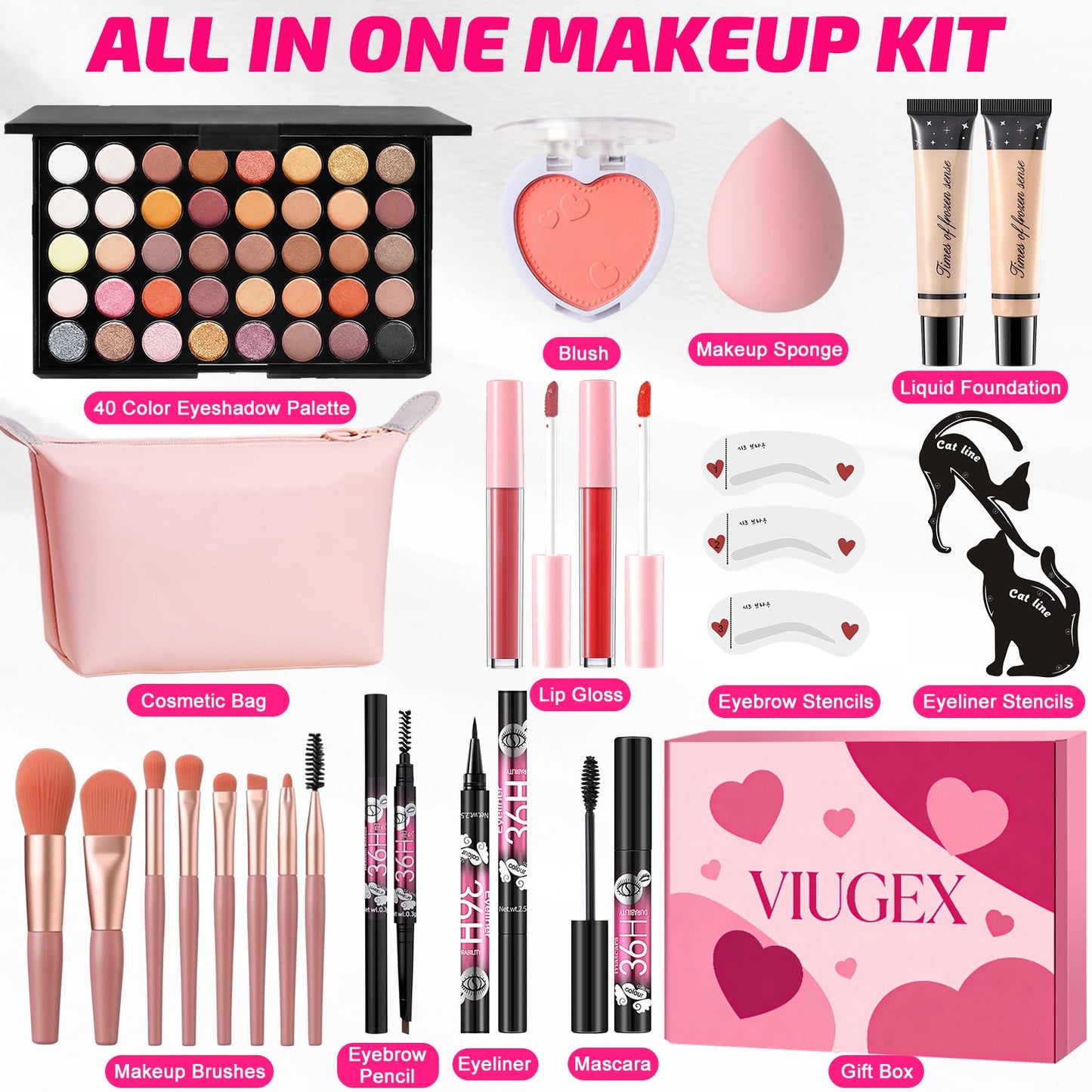 All in One Makeup Kit for Women Full Kit, Make Up Gift Set for Women Teen Girls, Makeup Essential Bundle with Eyeshadow Palette Foundation Blush Lipgloss Eyeliner Mascara Eyebrow Pencil Cosmetic Bag