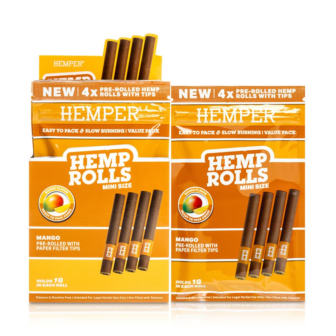 Hemper Mini Size Pre-Rolled Hemp Rolls with Paper Tips - 4PK | 12ct Display | Hand-Rolled, Natural Hemp Paper Rolls in Protective Case for Smooth, Clean Burn and Freshness - (Mango)