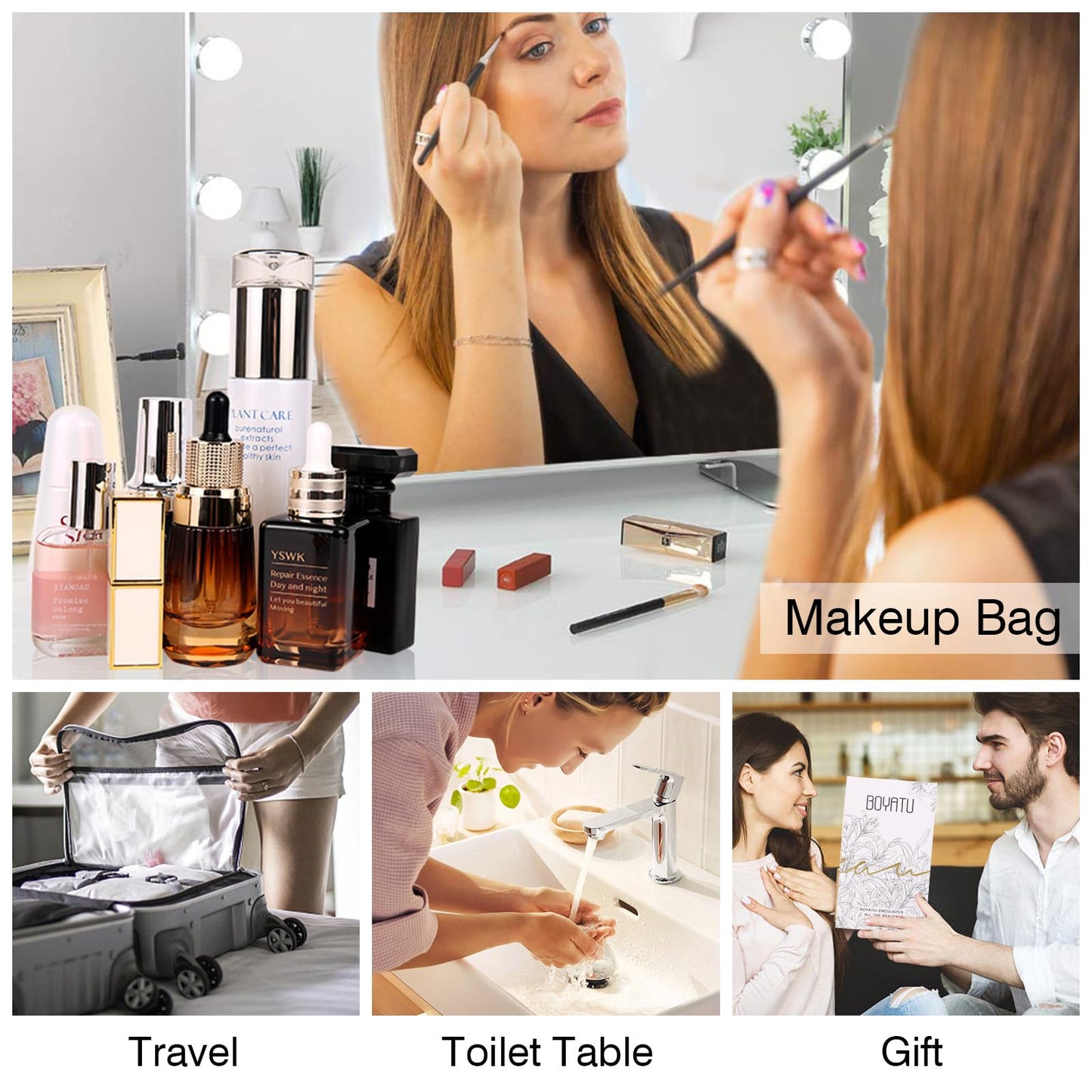 BOYATU Travel Makeup Bags Cosmetic Organizer Bag: 3-Set Large Capacity Make up Bag - PU Leather Toiletry Bags for Women - Wide Open Portable Pouch with Divider & Handle (01-Z-Pink)