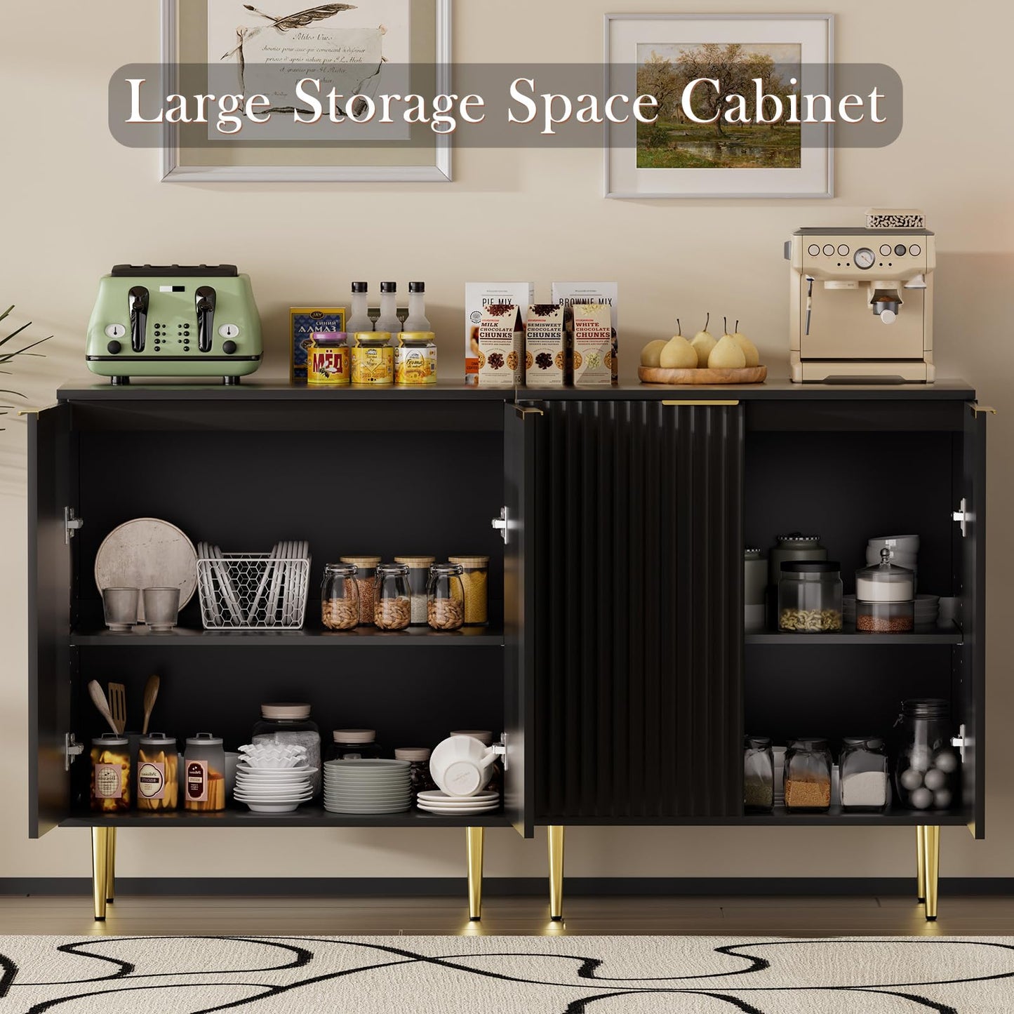 EOYUTLLY Black Fluted Storage Cabinet,Wood Sideboard Buffet Cabinet with Adjustable Shelf, Fluted Accent Cabinet with Gold Metal Legs, Console Table for Living Room,Dining Room,Kitchen