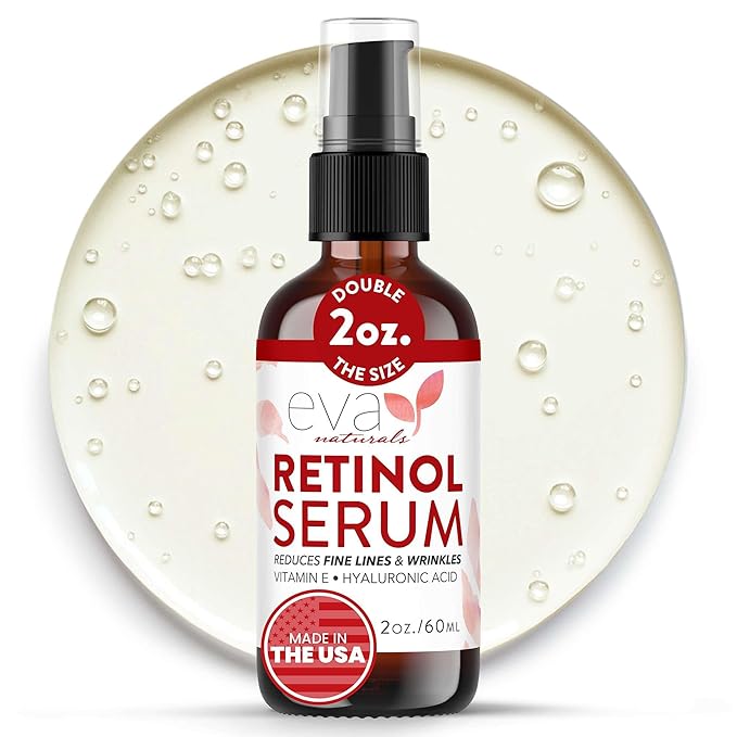 Eva Naturals Retinol Serum for Face with Hyaluronic Acid – Anti Aging Skin Care for Fine Lines, Wrinkles, Dark Spots & Blemish – Brightening Resurfacing Serum for Post Acne and Sensitive Skin – 2oz