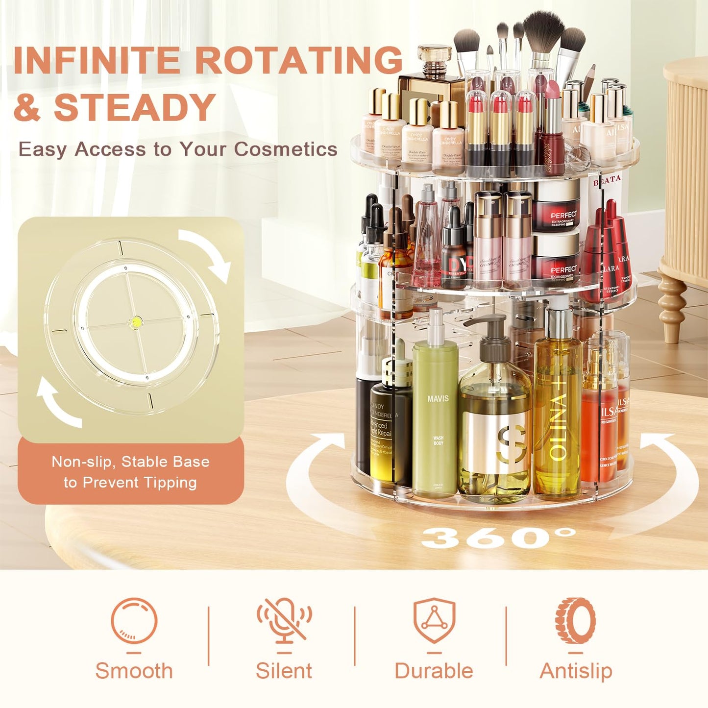 Auxmir Rotating Makeup Organizer, DIY 7 Adjustable Layers Spinning Skincare Organizer, Bathroom Organizer with Brush Holder Perfume Tray, Multi-Function Storage Carousel for Vanity Bathroom Countertop