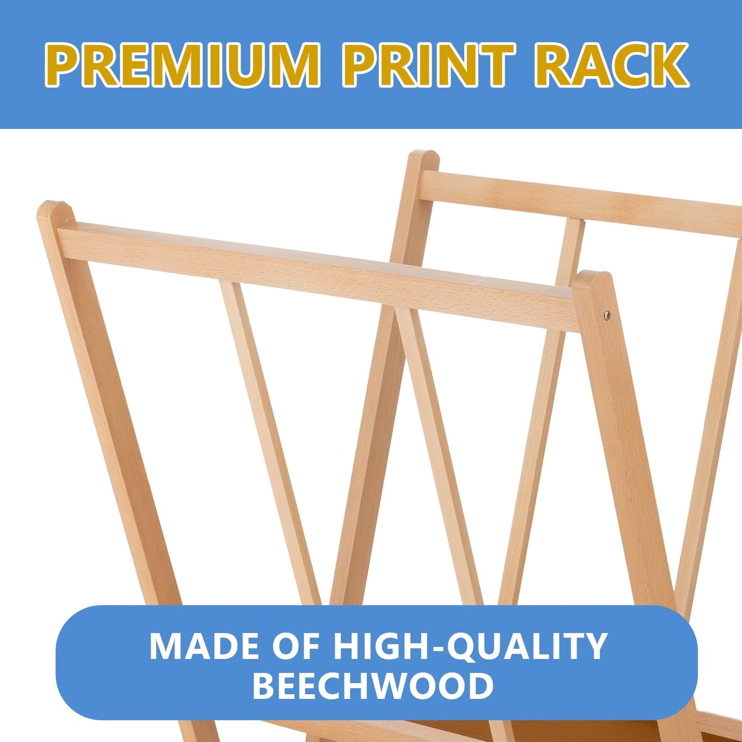 Falling in Art Large Wooden Print Rack with Rolling Casters, Art Drying and Display Storage Rack for Canvas, Prints, Panels, Posters, Shows and Art Exhibitions, Natural