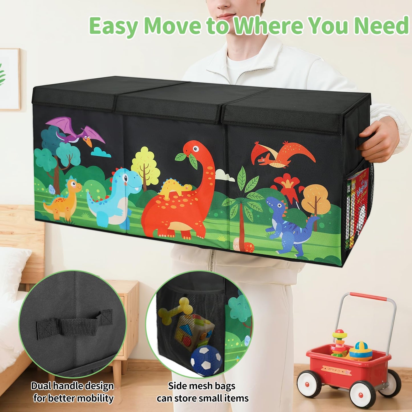 KORVAX Extra Large Kids Toy Box, Foldable Toy Organizer with Dividers & Lids, 148L Dinosaur Storage Bin for Toddlers Boys Girls, Collapsible Chest for Toys, Books, Bedroom, Playroom, Nursery Black