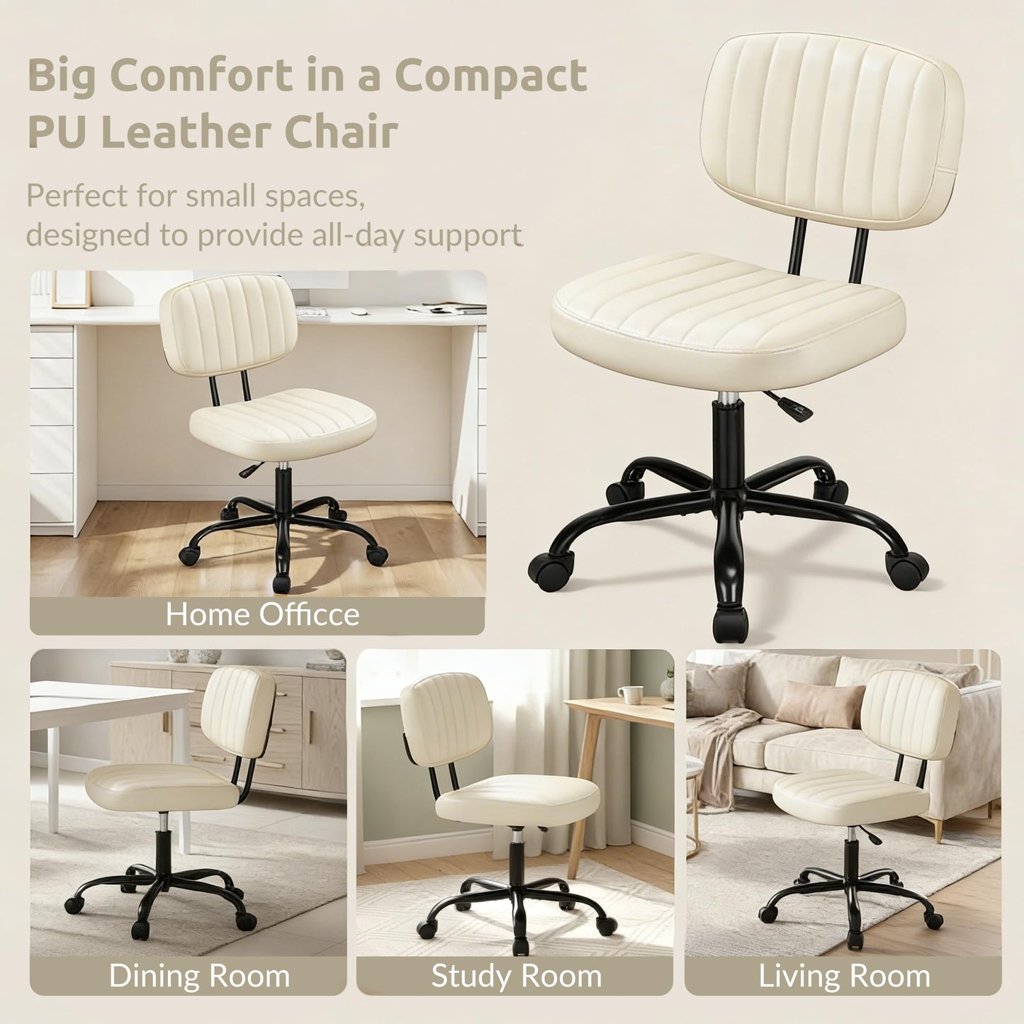 Swivel Rolling Office Chair, Armless Pu Leather Vanity Chair with Back Lumbar Support Height Adjustable Computer Chair, Small Desk Chair for Home Office, Beige White