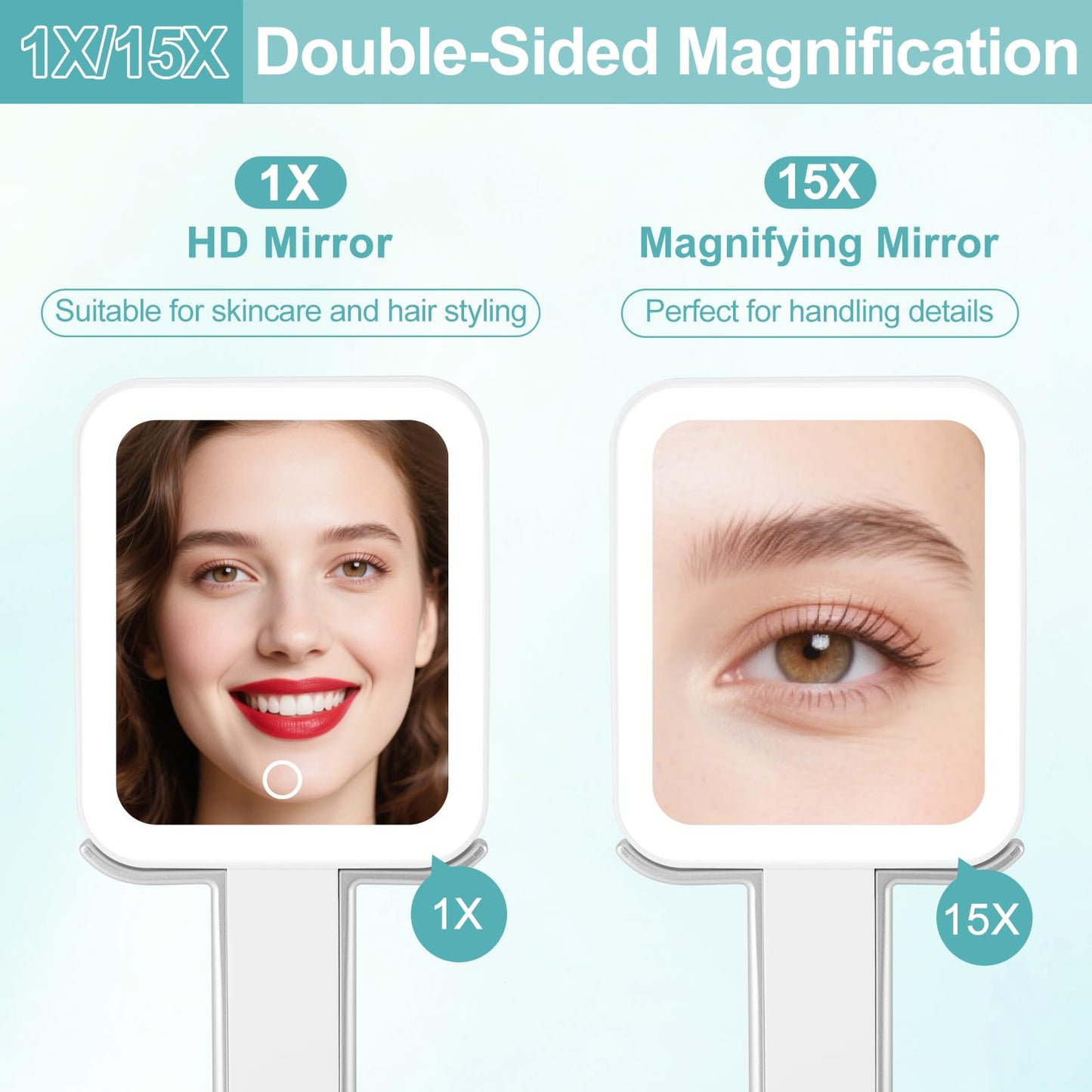 DECLUTTR Travel Makeup Mirror with Lights, Rechargeable 1X/15X Magnifying with Light Double Sided，Portable Handheld Mirror with 3 Color Light Dimmable, Tabletop,Hanging,White