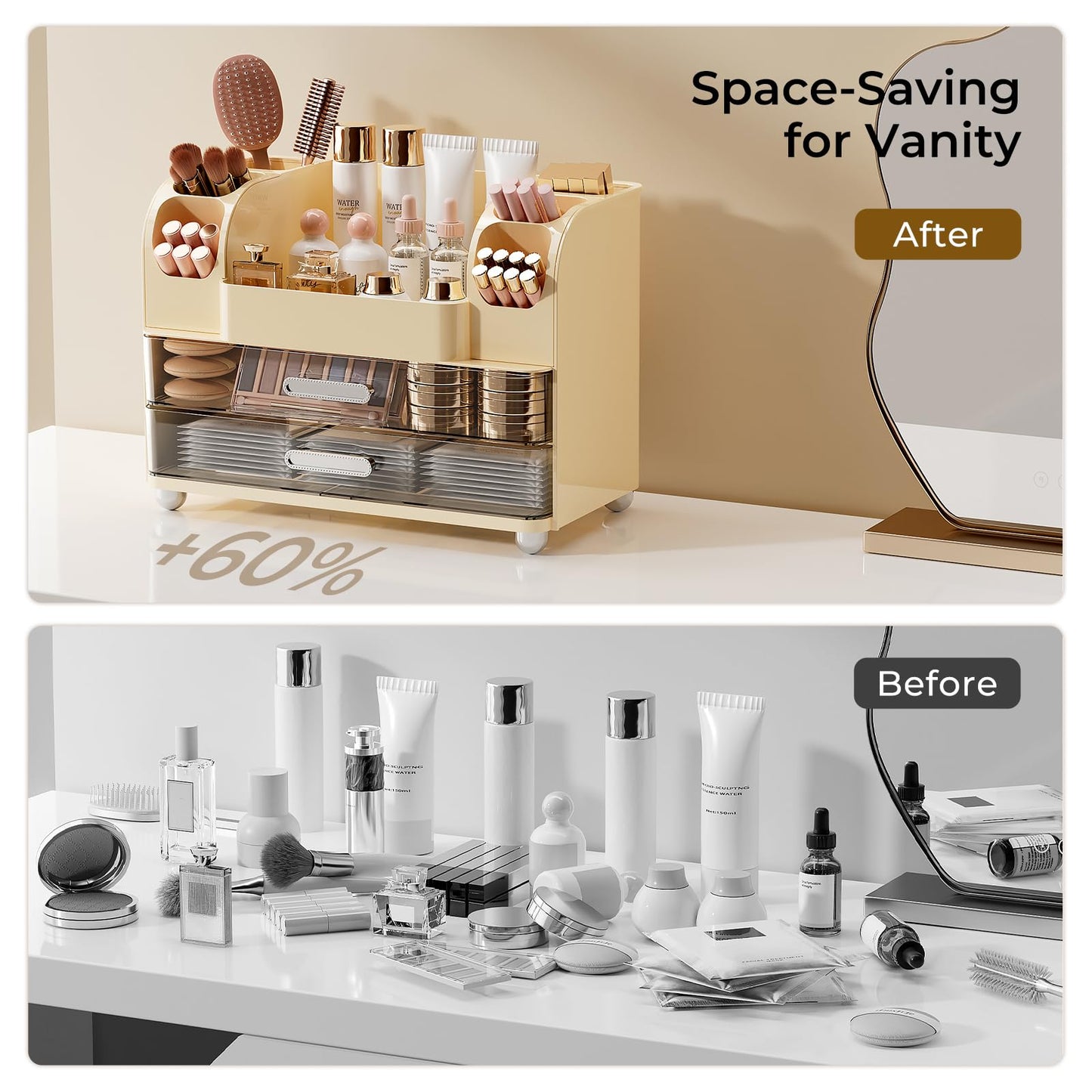 UFORU Makeup Organizer for Vanity with 2 Large Drawers, Cosmetic Display Case with Brush Holders, Easy to Storage for Bathroom Countertop Skincare, Perfume, Cream White