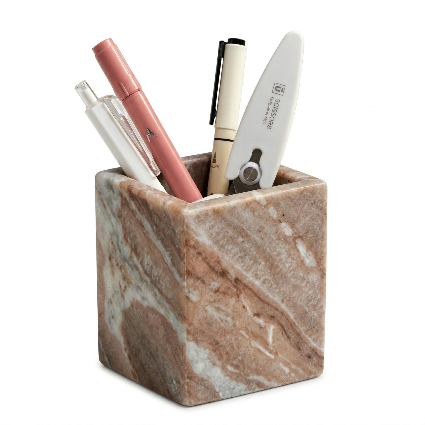 KEBTN Natural Marble Pen Holder, 2.95” x 3.74” Square Desk Organizer, Marble Toothbrush Holder, Makeup Brush Holder, Decorative Storage Cup for Office Vanity Bathroom Kitchen Countertop, Brown