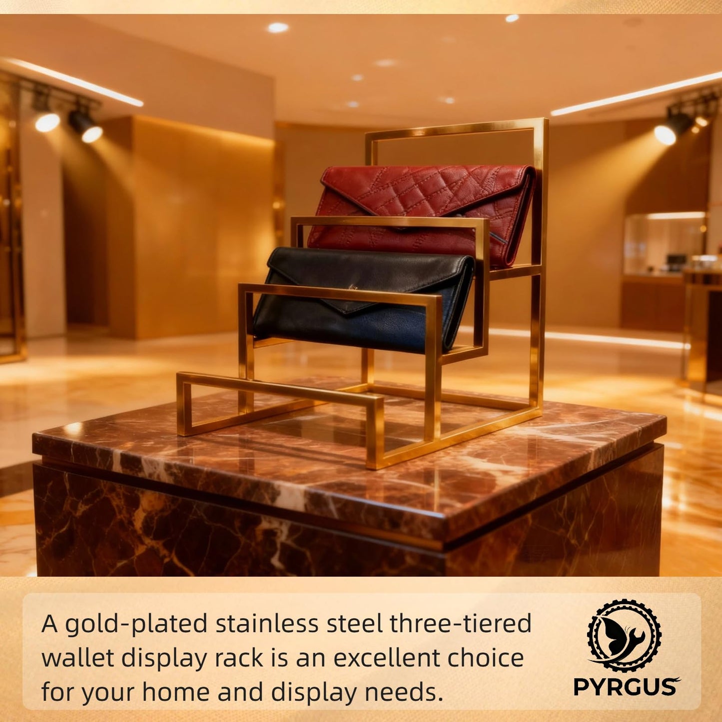 3-Tier Purse Display Stand, Gold Metal Wallet Display Rack, 2 Pack, 3 Layer