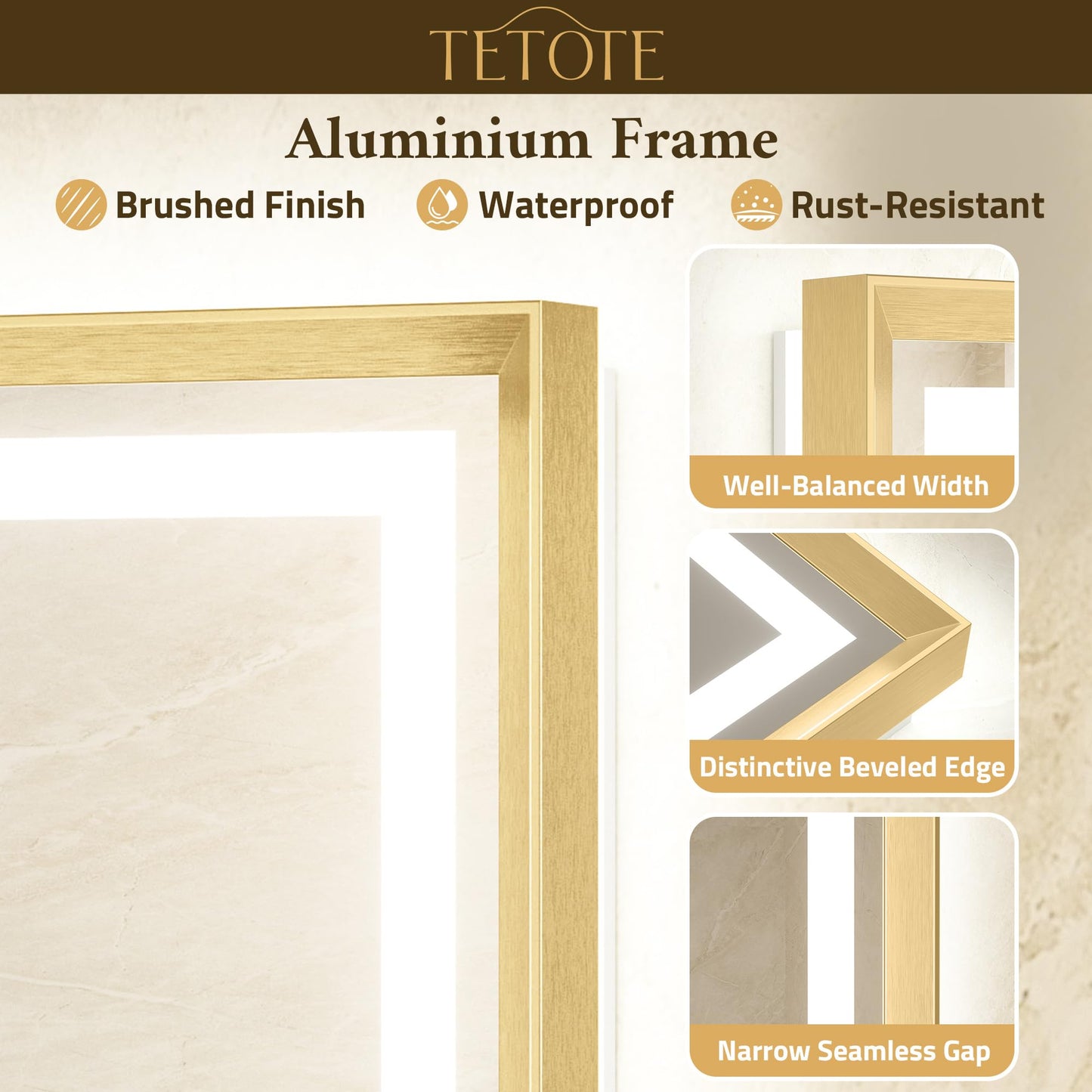 TETOTE 24 x 32 Bathroom LED Mirror Brushed Gold Metal Frame Frontlit & Backlit Vanity Mirror Anti-Fog Stepless Dimmable 3 Colors White/Warm/Natural Mirror with Lights Wall-Mounted