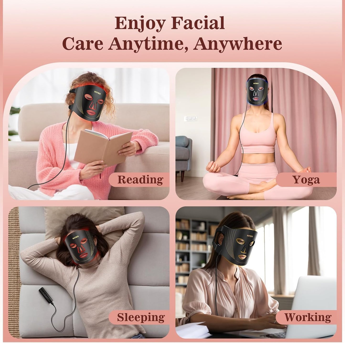 INTEO Red Light Therapy for Face, 3 Modes Portable Red Light Therapy Mask (NIR 850nm&Red 620nm, Yellow, Blue) with Timing Function, 2000mAh Rechargeable Red Light Mask Skin Care for Home Travel Yoga