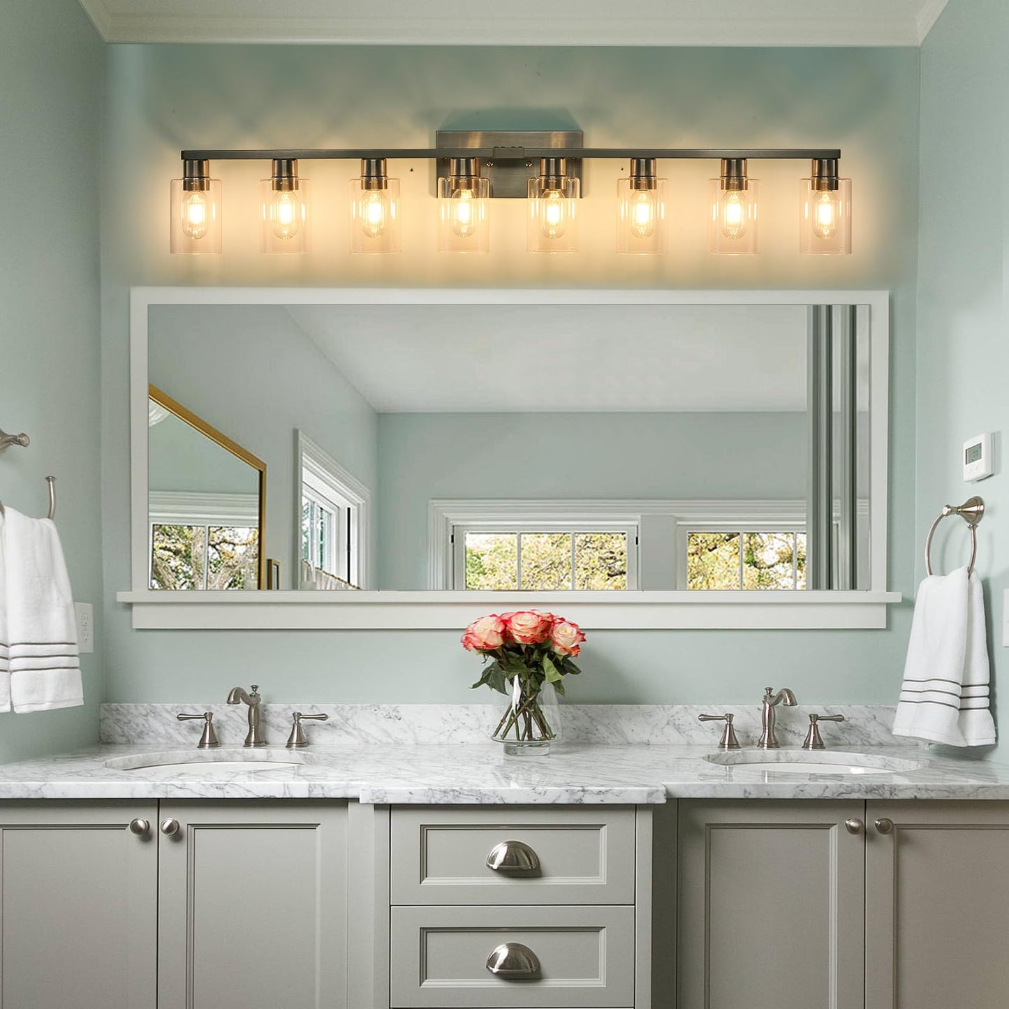 DIDUIO 8 Light Bathroom Vanity Light Brushed Nickel Bathroom Light Fixtures 8-Light Vanity Lights for Bathrrom Lights Fixtures Over Mirror Large Wall Sconce with Clear Glass Shade