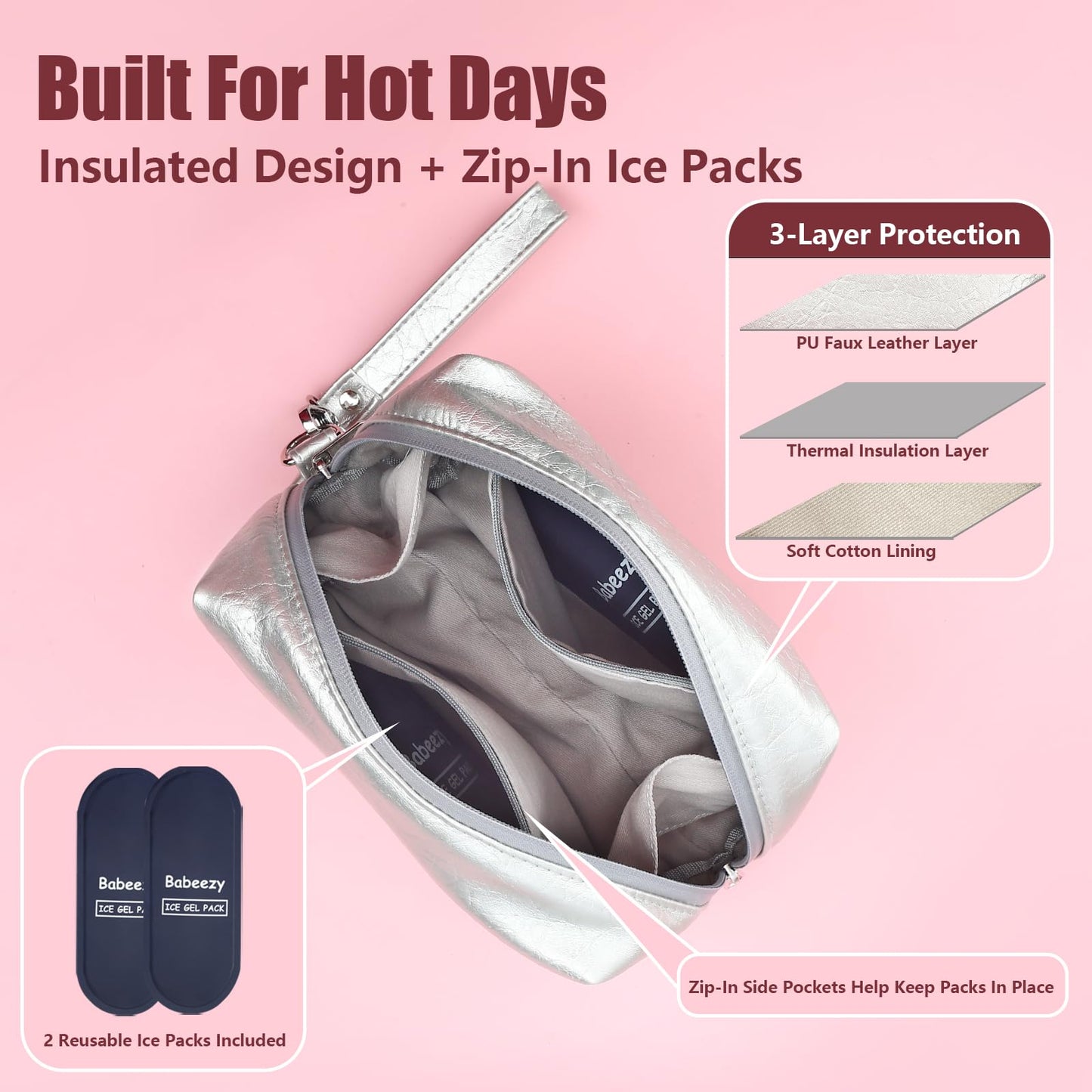 Babeezy Insulated Makeup Bag with 2 Reusable Ice Packs Heat-Resistant Cosmetic Travel Pouch, Silver Vegan Leather Organizer with Water-Resistant Double Zipper & Wrist Strap(Small: 7.5 x 4.0 x 5.0 in)
